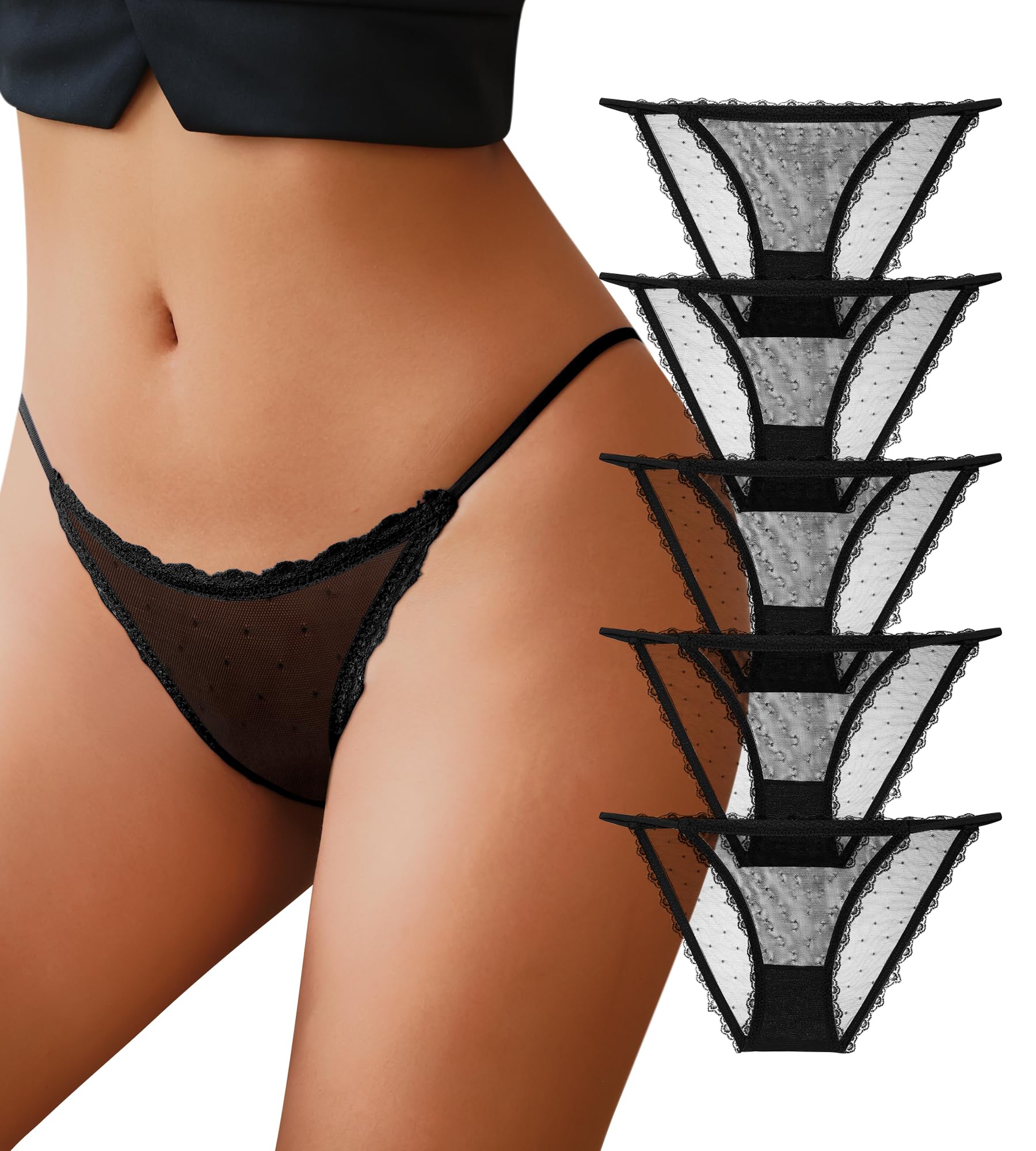 J-pone Sexy Underwear for Women String Bikini Underwear for Women High Cut Breathable Hipster Cheeky Lace Panties 5Pack: Small 5 Pack Black