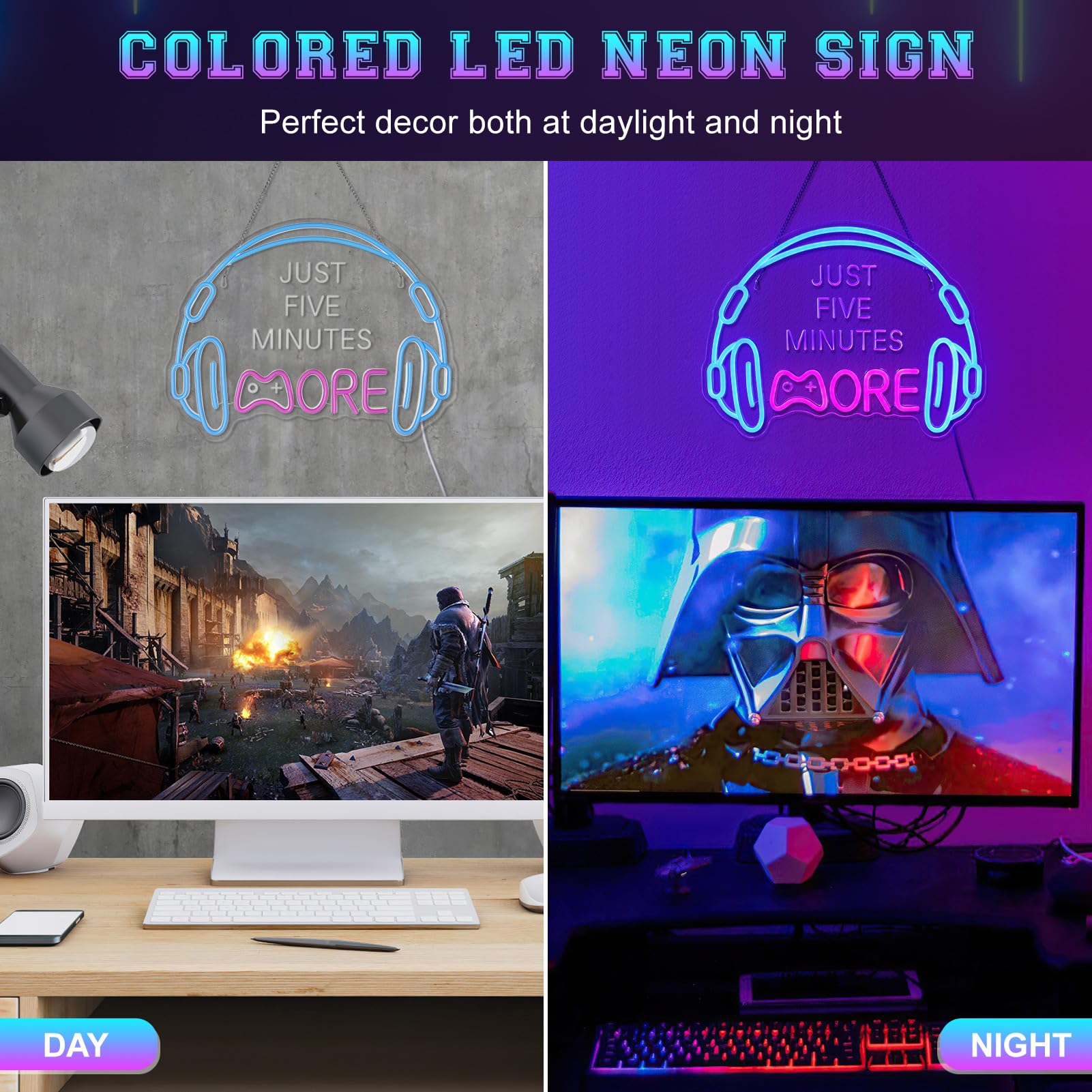 Gaming Neon Sign, Large Bright and Dimmable Colored LED Headset Gamer Neon Light and USB Powered Headphone Lightup Game Signs for Game Zone Video Room Boy Bedroom Wall Decor ()