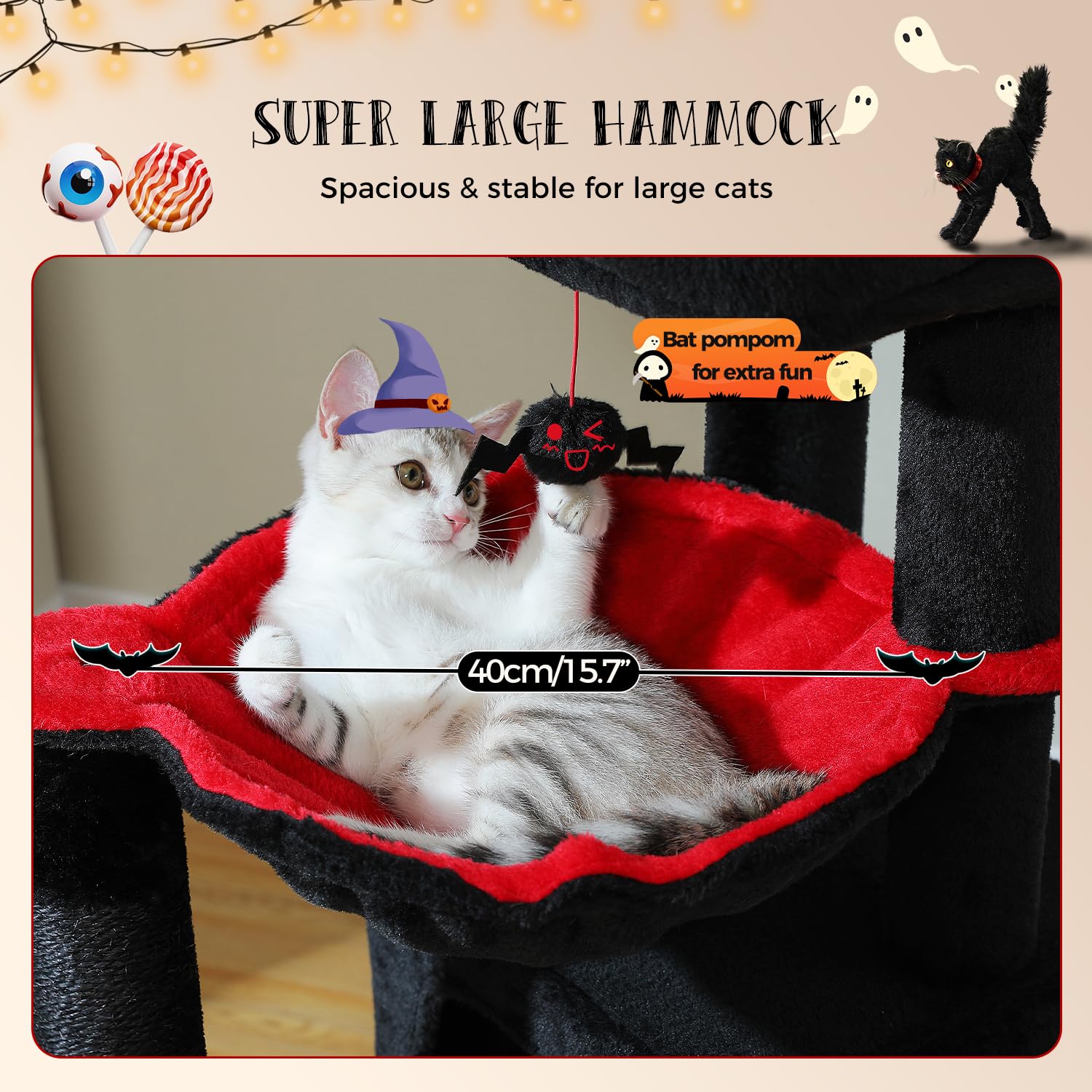 PAWZ Road Large Cat Tree, 41 Inches Gothic Cat Tower with 2 Spacious Condos for Indoor Cats, Large Black Cat House with Comfy Hammock, Padded Perch, Scratching Pad and Replaceable Balls-Black: 41 Inches Black
