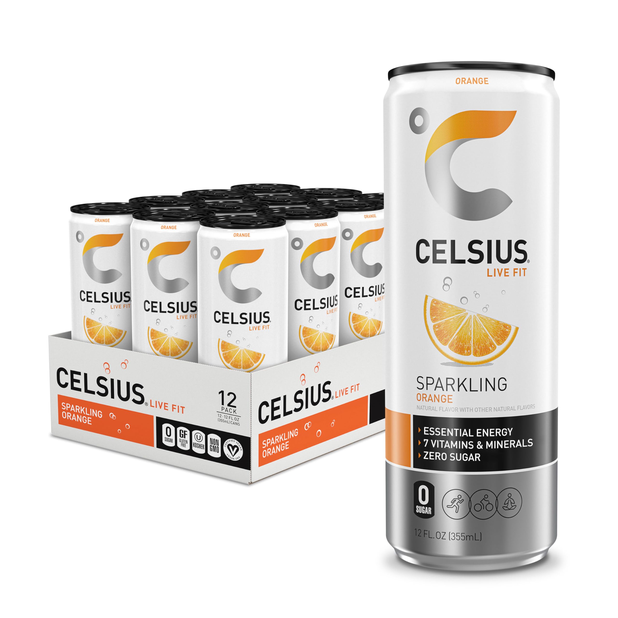 CELSIUS Sparkling , Functional Essential Energy Drink 12 Fl Oz (Pack of 12): Sparkling Orange