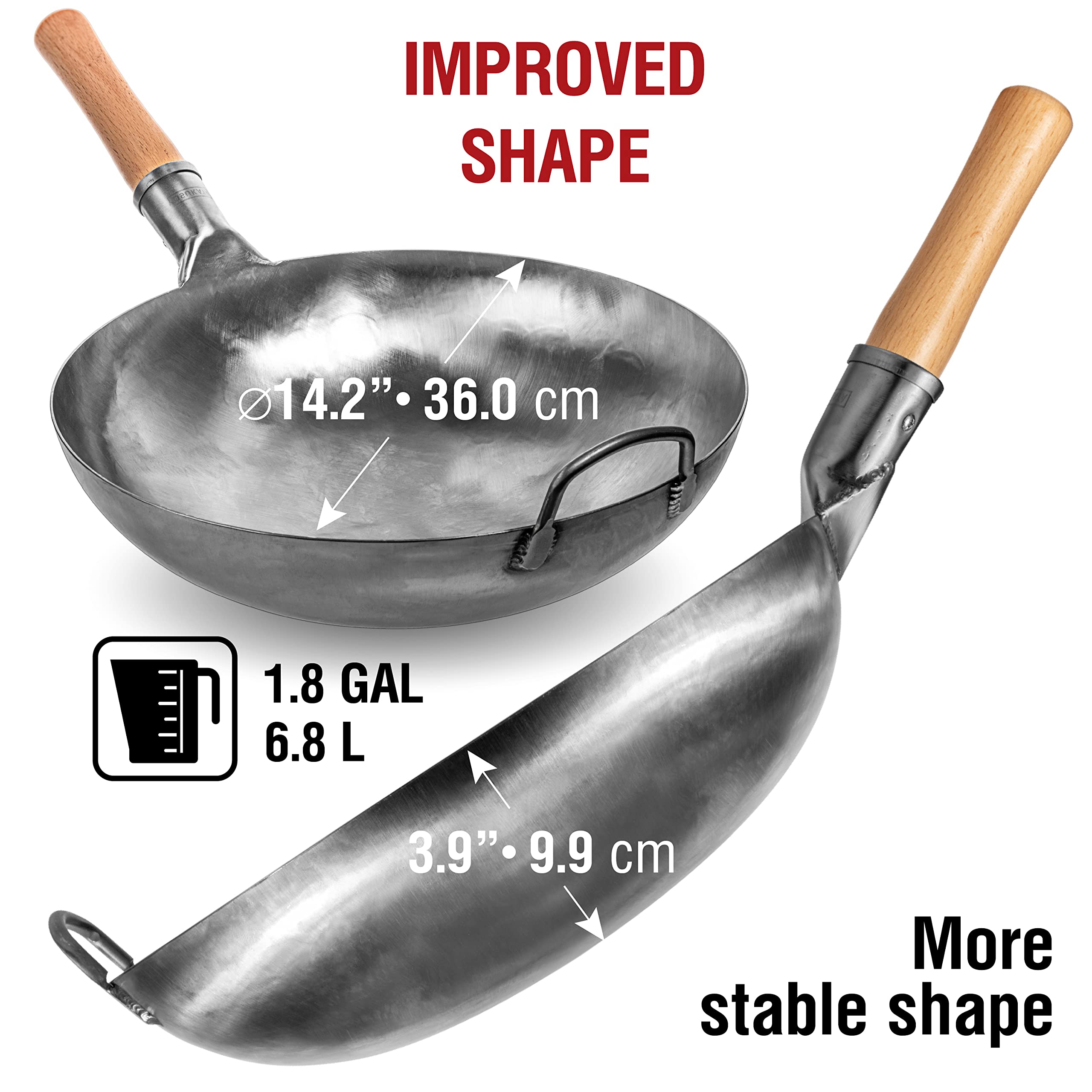YOSUKATA 14” Round Bottom Carbon Steel Wok Pan – Blue Pre-Seasoned Pow Wok for Stir Fry, BBQ, Grill & Camping – Traditional Japanese & Chinese Cookware – Compatible with Gas Stoves & Open Fire Only: 14" Silver