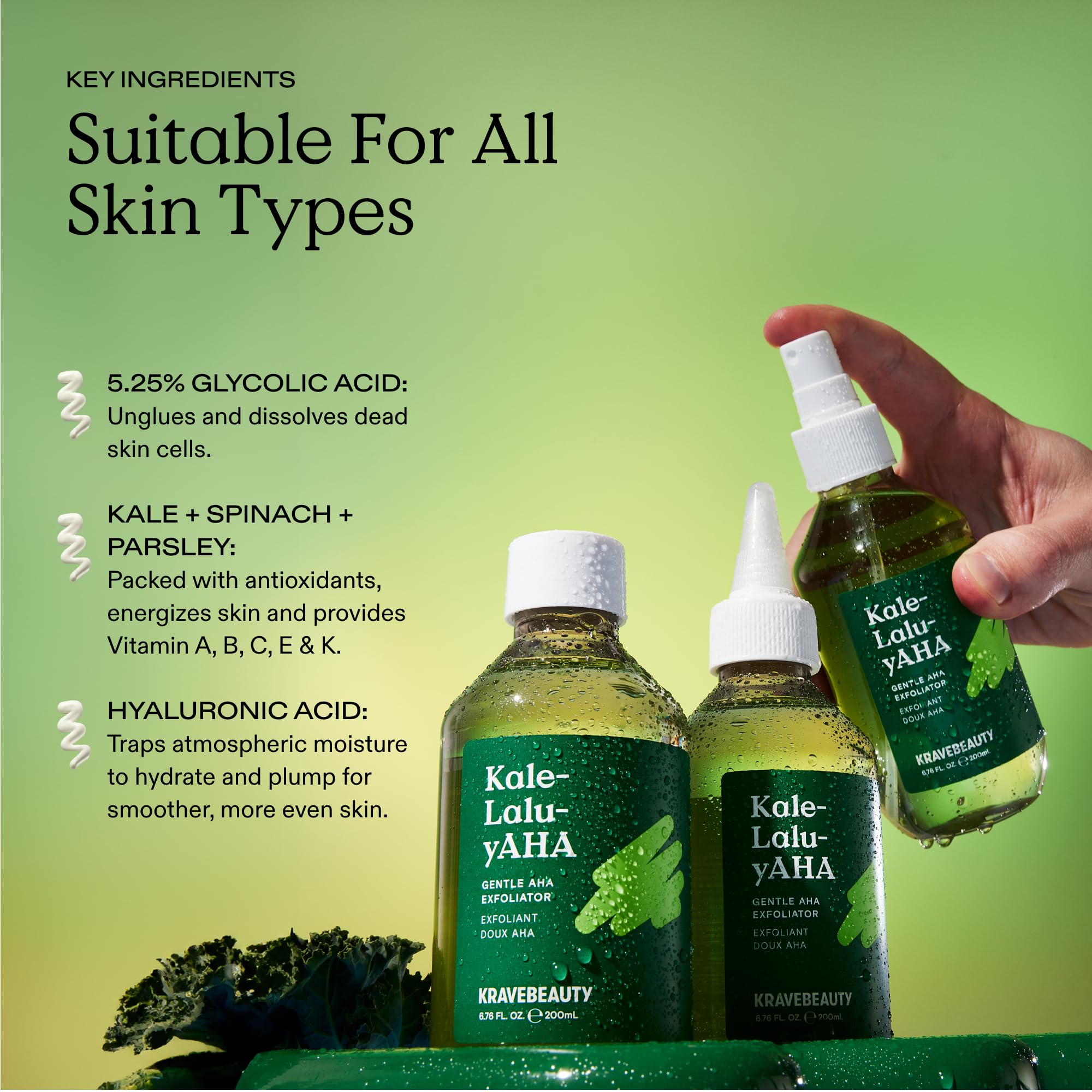 KraveBeauty Kale-Lalu-yAHA, Gentle 5.25% AHA Exfoliator, Contains Glycolic Acid & Hyaluronic Acid, Unclogs Pores and Hydrates Skin, Vegan & Cruelty Free, 6.76 fl oz