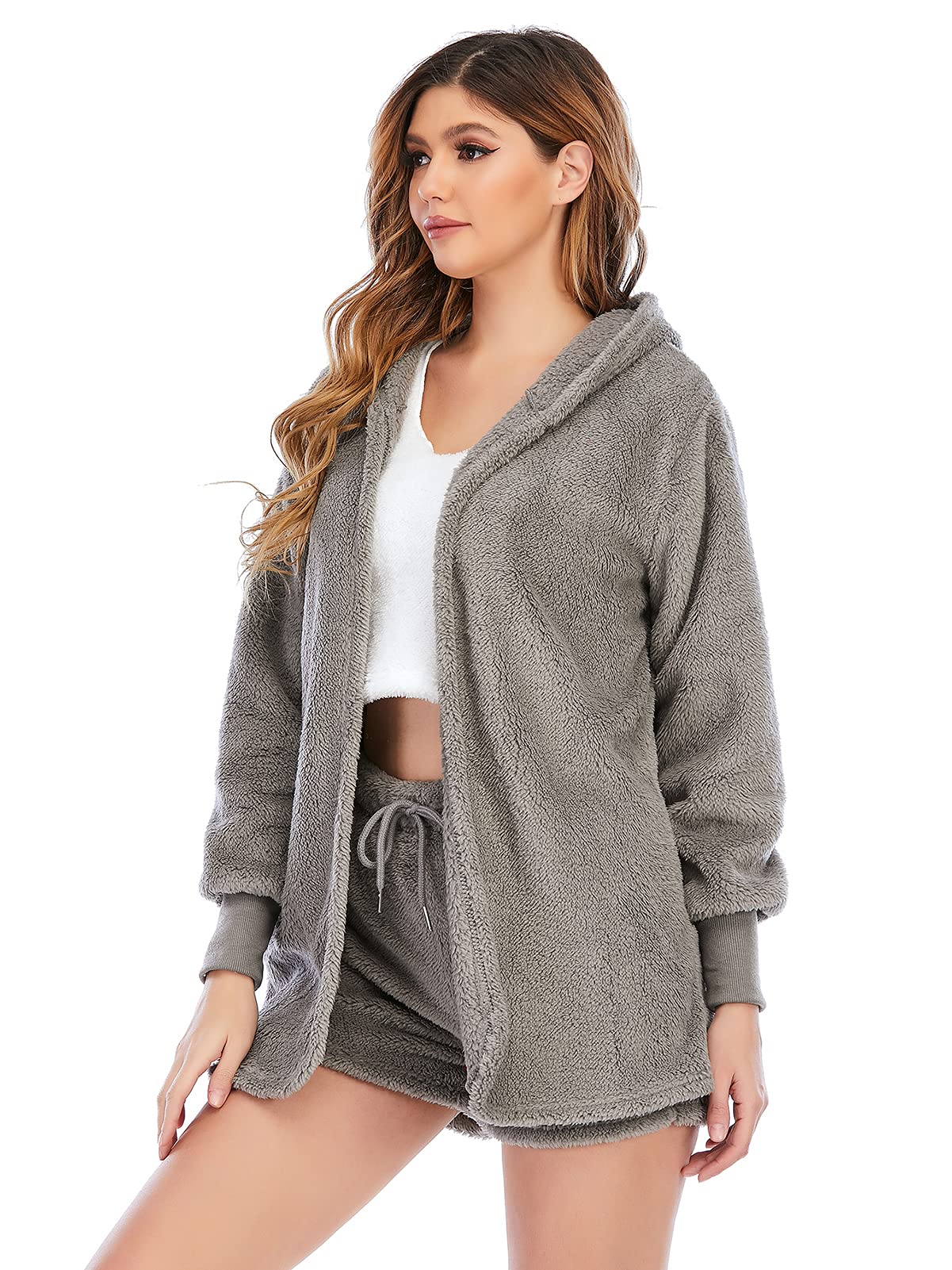 Famnbro Women's Sexy Fuzzy 3 Piece Outfits Fleece Warm Hooded Cardigan Crop Top Shorts Set Pajamas Loungewear