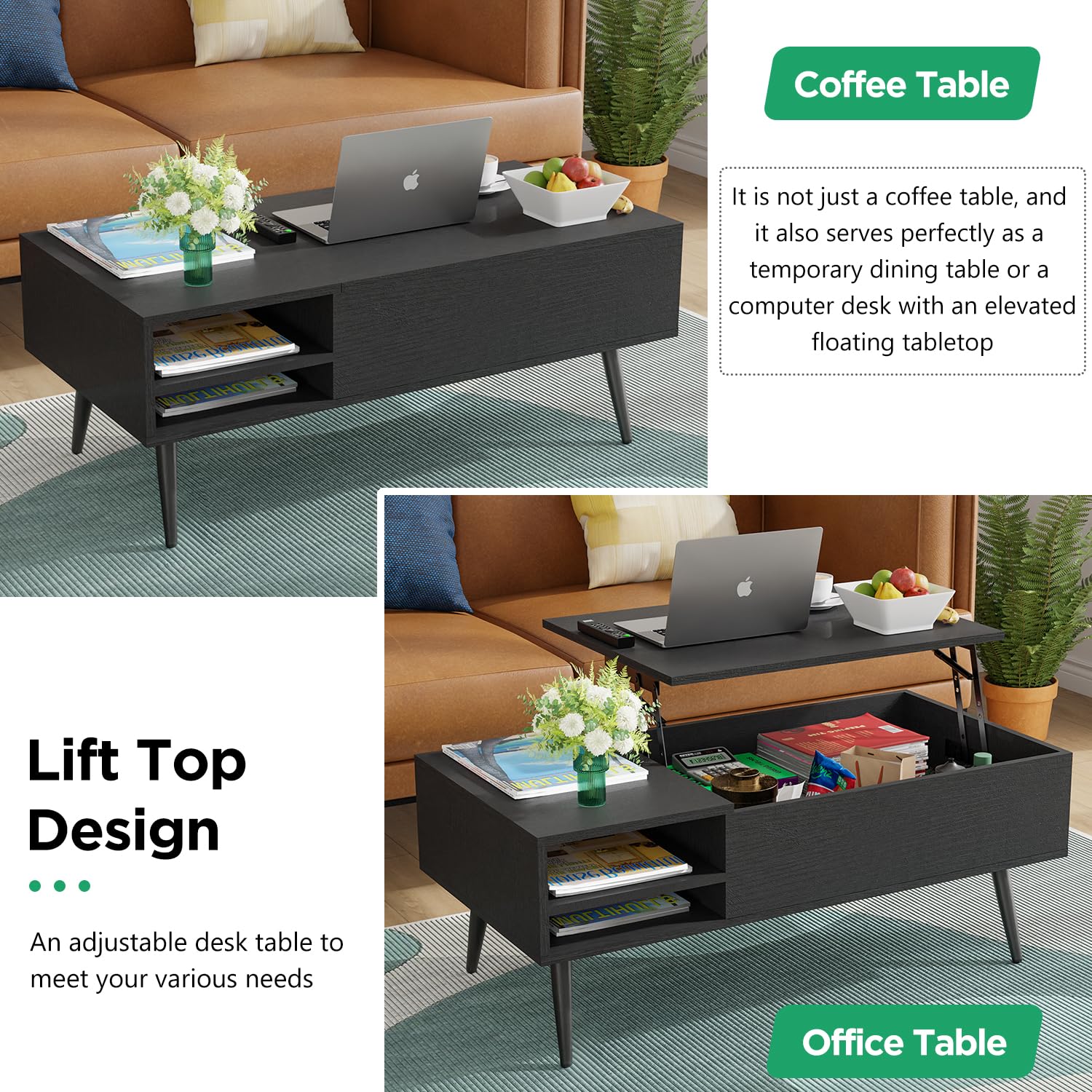 PayLessHere Lift Top Coffee Table with Adjustable Storage and Hidden Compartment Small Wood Coffee Table Center Table for Home Living Room Office Apartment Reception Room,: Black