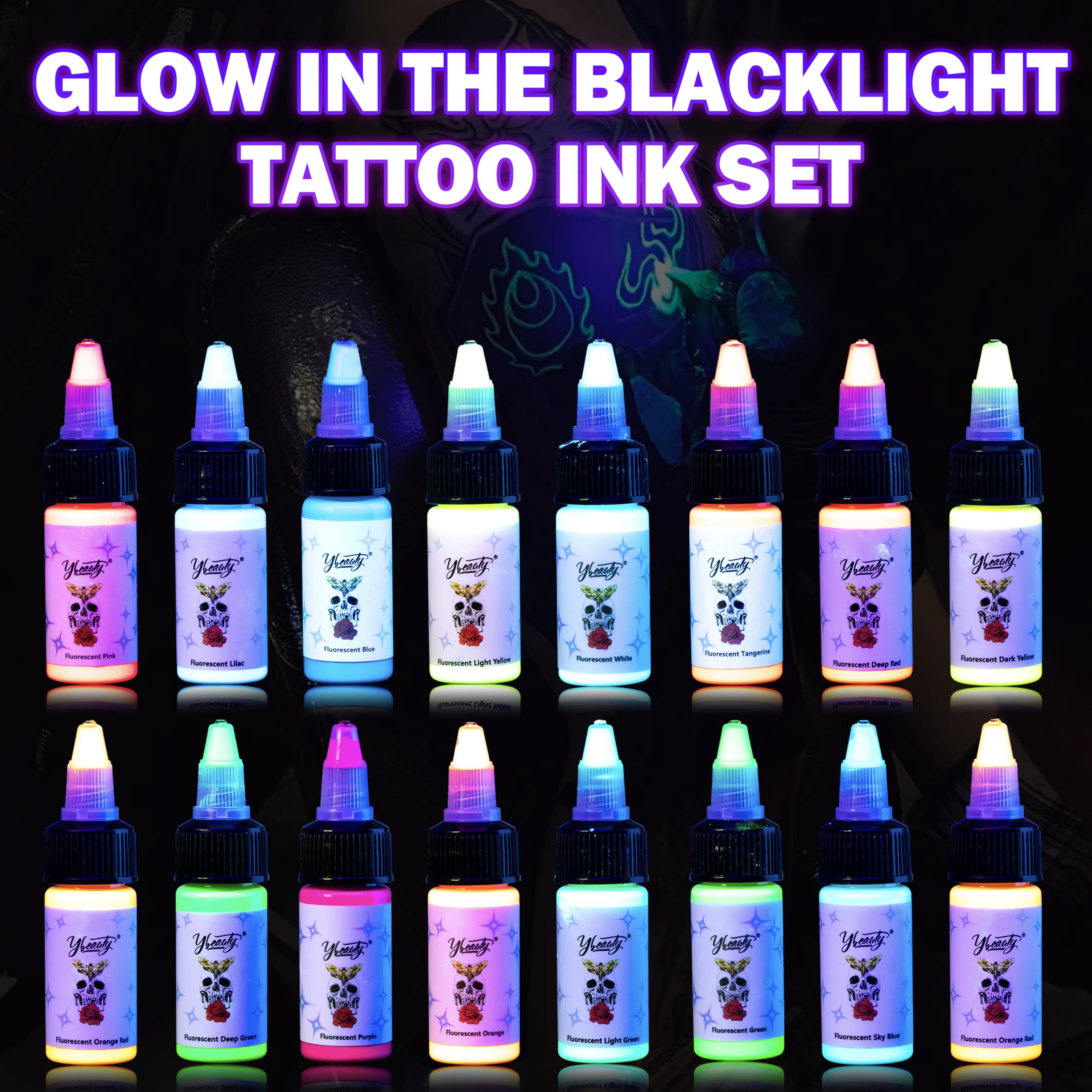 Tattoo Ink Set - Tattoo Inks Pigment Kit, 8 Color 1/2oz 15ml/Bottle Professional Tattoo Fluorescent Ink & Tattoo Equipment for Halloween Supplies (1/2 oz(15ml), 8Color): 16Color 1/2oz-15ml