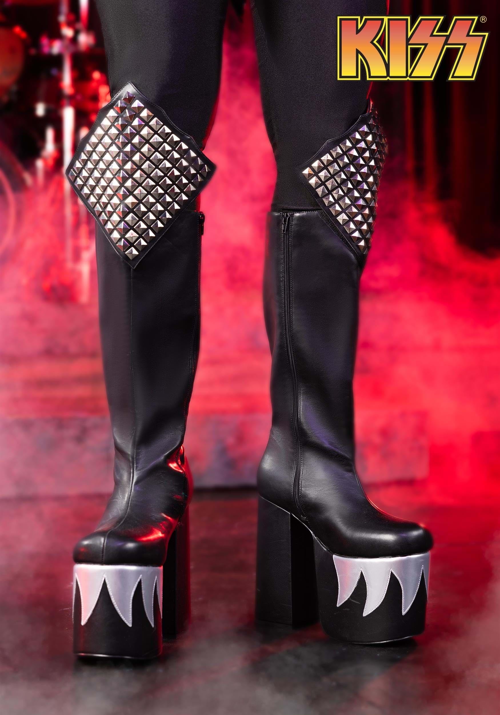 Fun Costumes KISS Demon Boots for Men's Cosplay Costume, Gene Simmons Black Platform Boots with Silver Flame Design Size 10