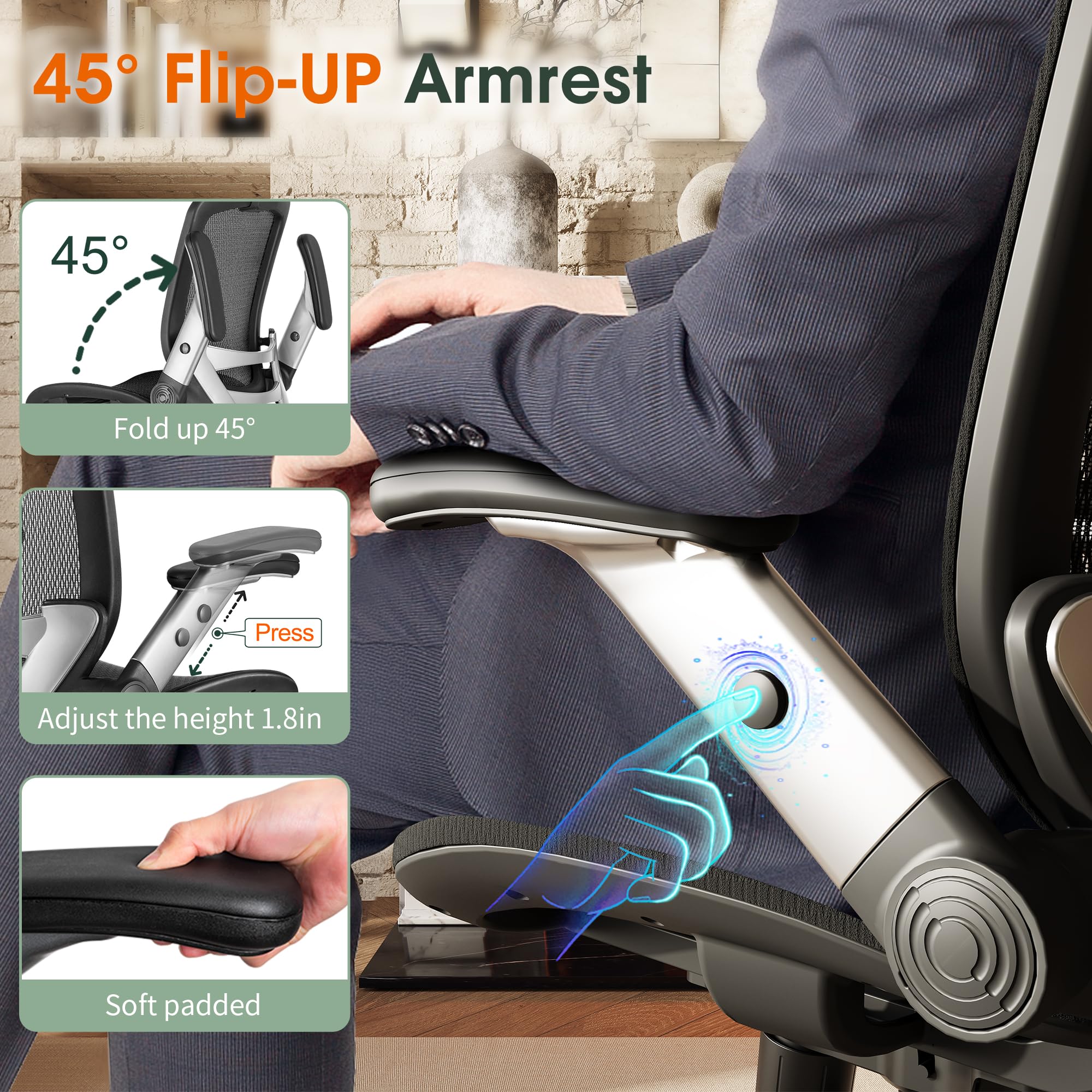 GABRYLLY Ergonomic Office Chair, High Back Home Desk Chair with Headrest, Flip-Up Arms, 90-120° Tilt Lock and Wide Cushion, Big and Tall Mesh Chairs for Man Woman, Black Task Chair: GABRYLLY Ergonomic Office Chair, High Back Home Desk Chair with Headrest, Flip-Up Arms, 90-120° Tilt Lock and Wide Cushion, Big and Tall Mesh Chairs for Man Woman, Black Task Chair