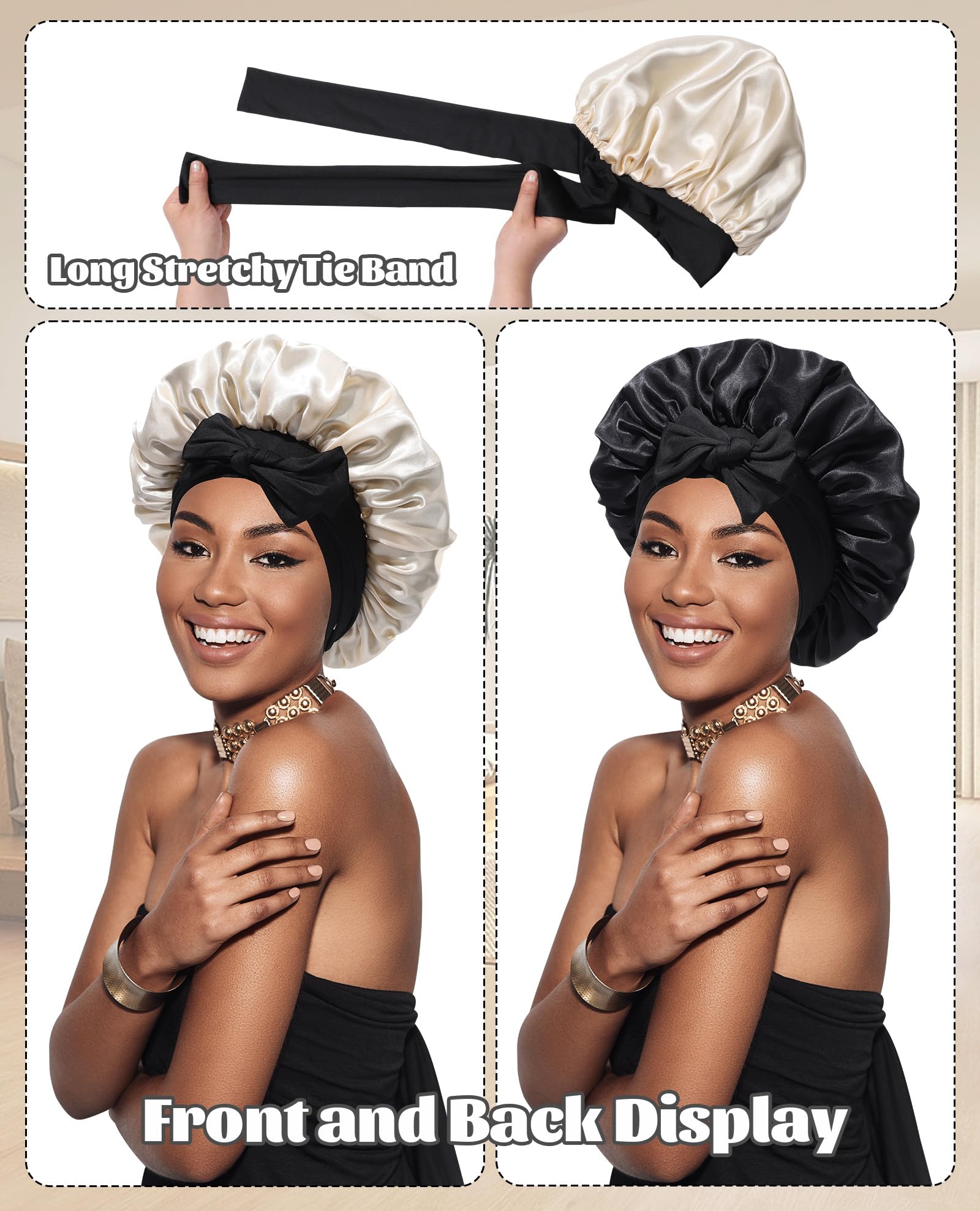 Satin Bonnet Silk Bonnet for Sleeping Silk Sleep Cap Double Layer Hair Bonnet with Elastic Tie Band for Curly Hair Night Cap (Black stars and moon+Black) thumbnail 2