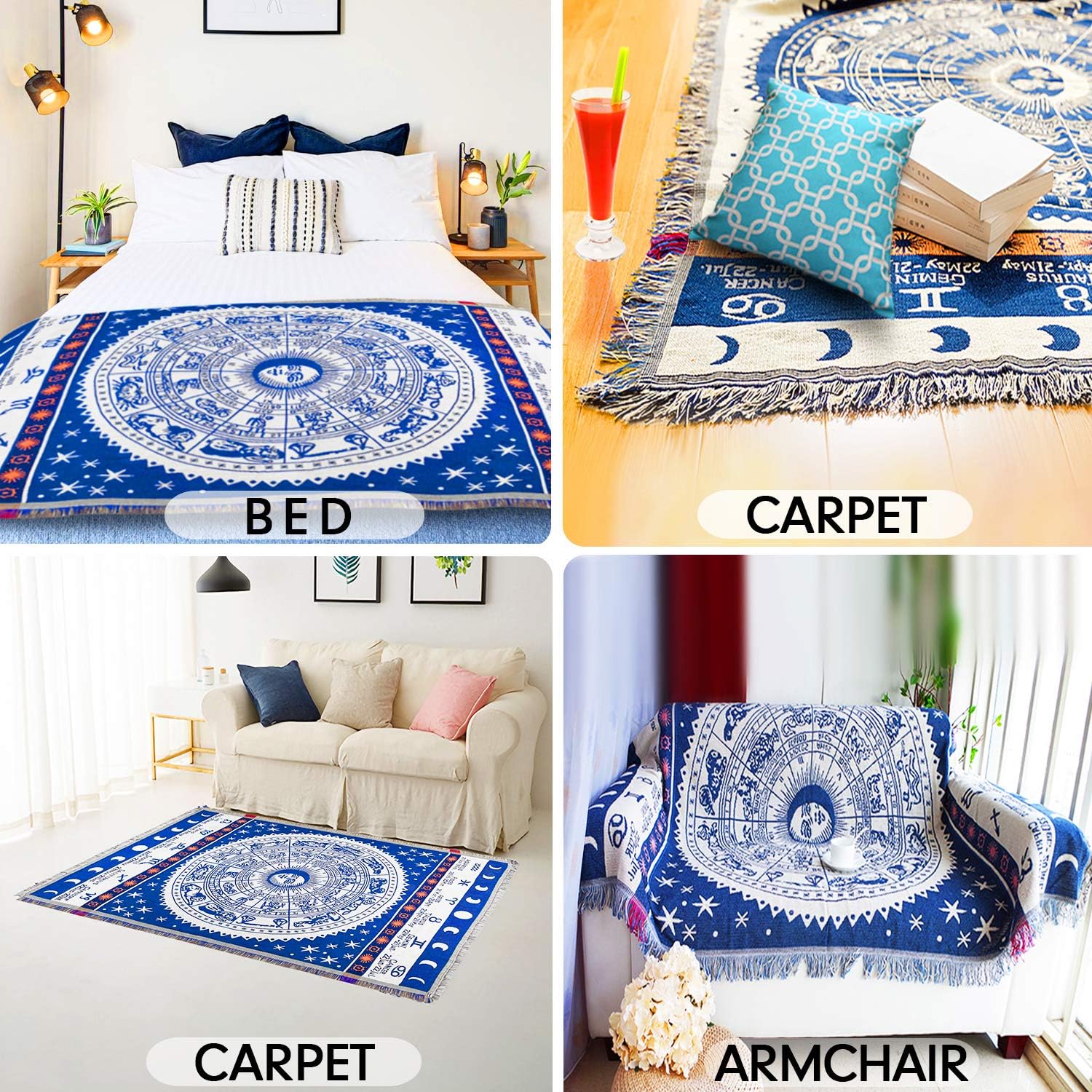 MayNest Bohemian Woven Cotton Throw Blanket - Reversible Sofa Cover for Couch, Bed, or Chair, Astrology Decor (Yellow, 71x51): Blue S (L71" x W51")