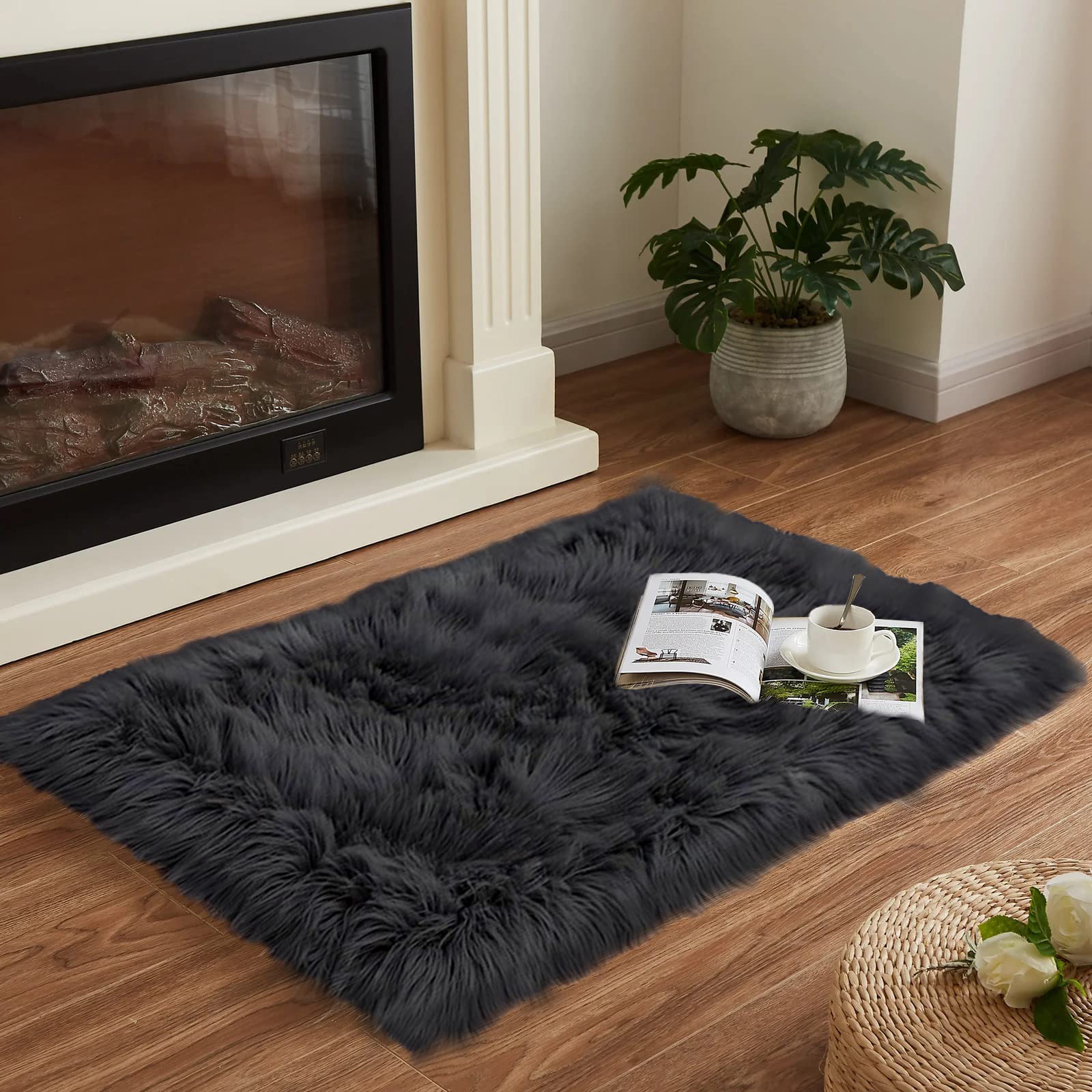 Goolela Black Fluffy Faux Fur Rug 2x3 Black Fuzzy Furry Sheepskin Rug Small Carpet for Bedroom Dorm Bathroom Washable Rectangle: 2&apos; x 3&apos; (Rectangular) Black