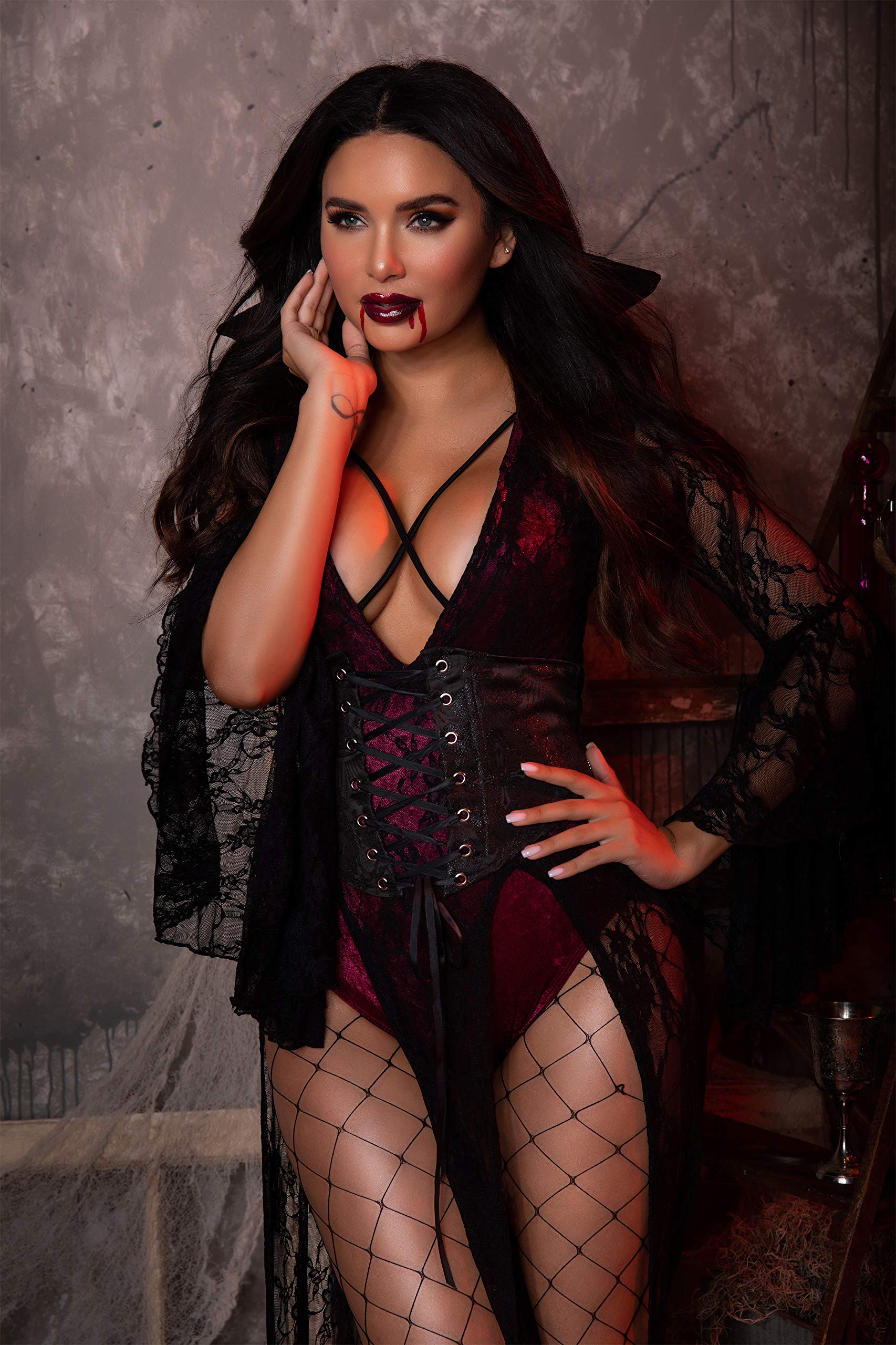 Yandy Exclusive Sexy Deluxe Black Wicked Velvet Bodysuit Vampire Costume: Small Black/Burgundy