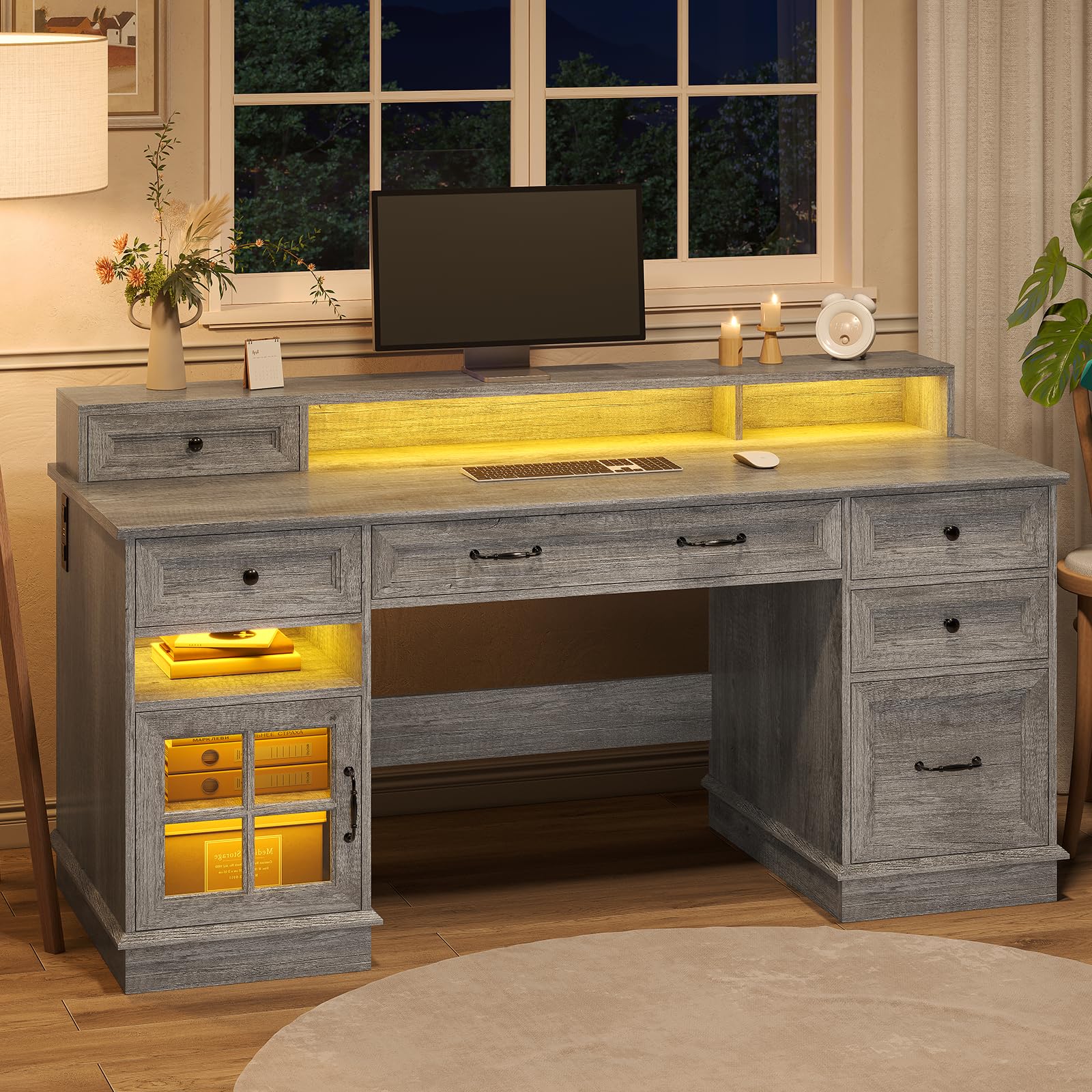HAUOMS Farmhouse Executive Desk with Drawers Computer Desk with File Drawers, Power Outlet and Led Lights, Executive Office Desk with Storage Cabinet and Monitor Shelf for Home Office,