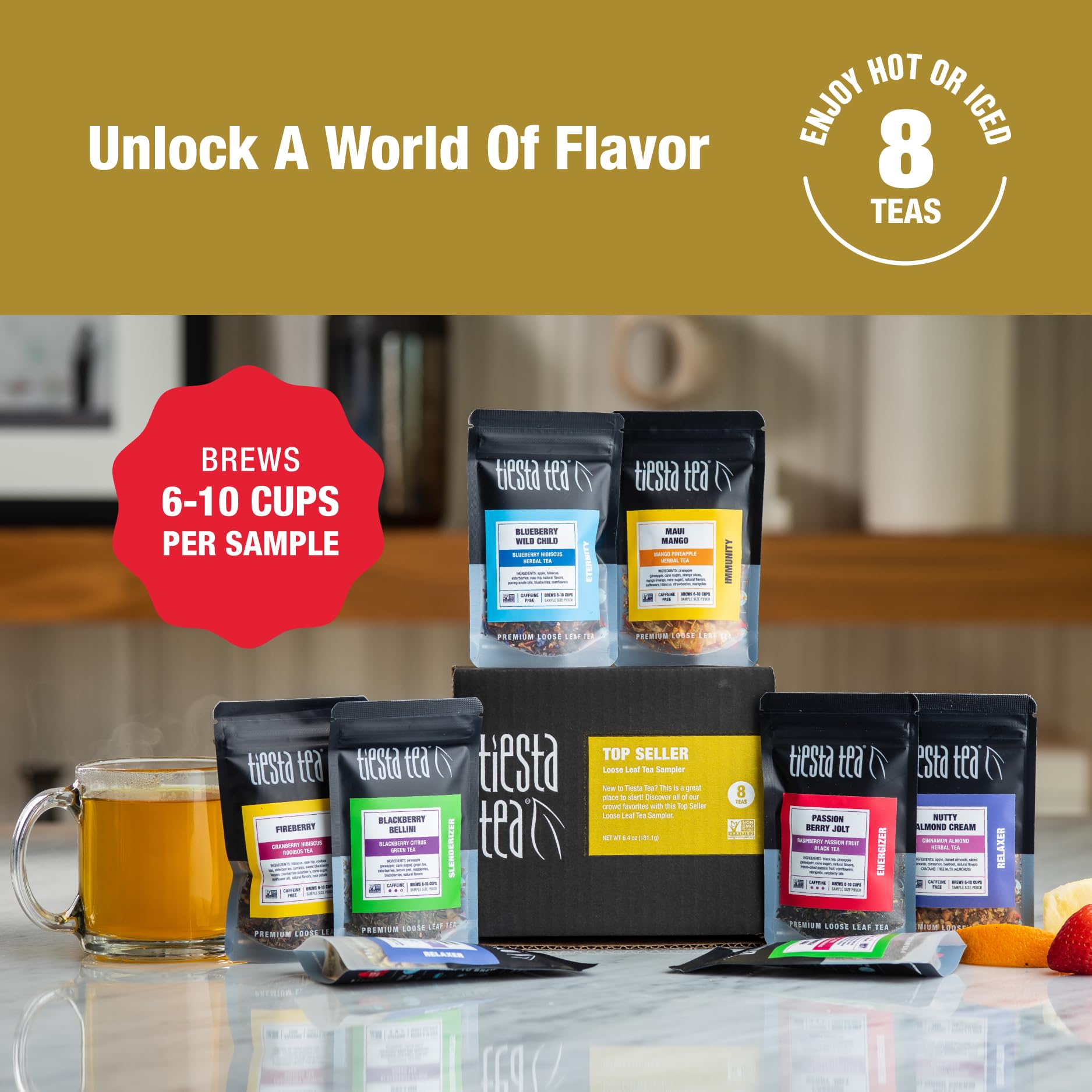 Tiesta Tea 8 Loose Leaf Dry Flight Mother’s Day Tea Gift Set Sampler | Assorted Herbal, Black, and Fruit Teas | High to No Caffeine | Hot & Iced Ready | 8 Resealable Sample Pouches: Best Seller Tea Sampler Set