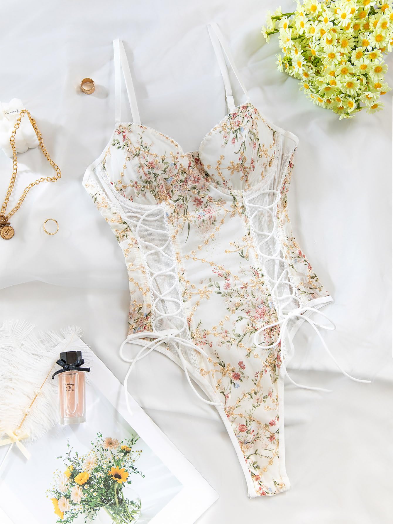 Lilosy Women Sexy Lace Up Floral Embroidered Teddy Lingerie Bodysuit Top Mesh Sheer One Piece: Small Crushed Flower White