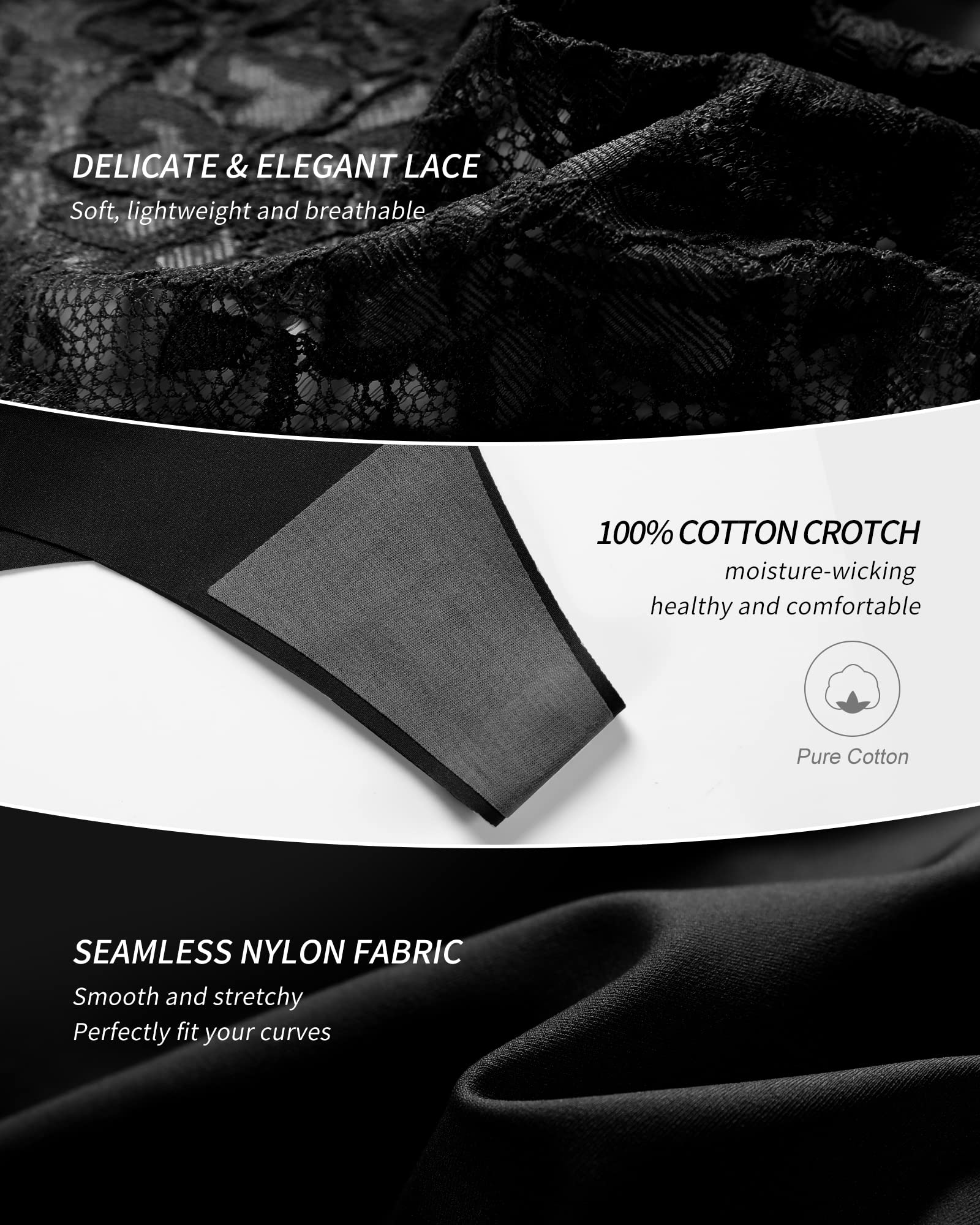 SHARICCA Women Seamless High Waist Underwear Sexy Floral Lace Thong Soft Comfortable Panties Pack: Large 5 Black
