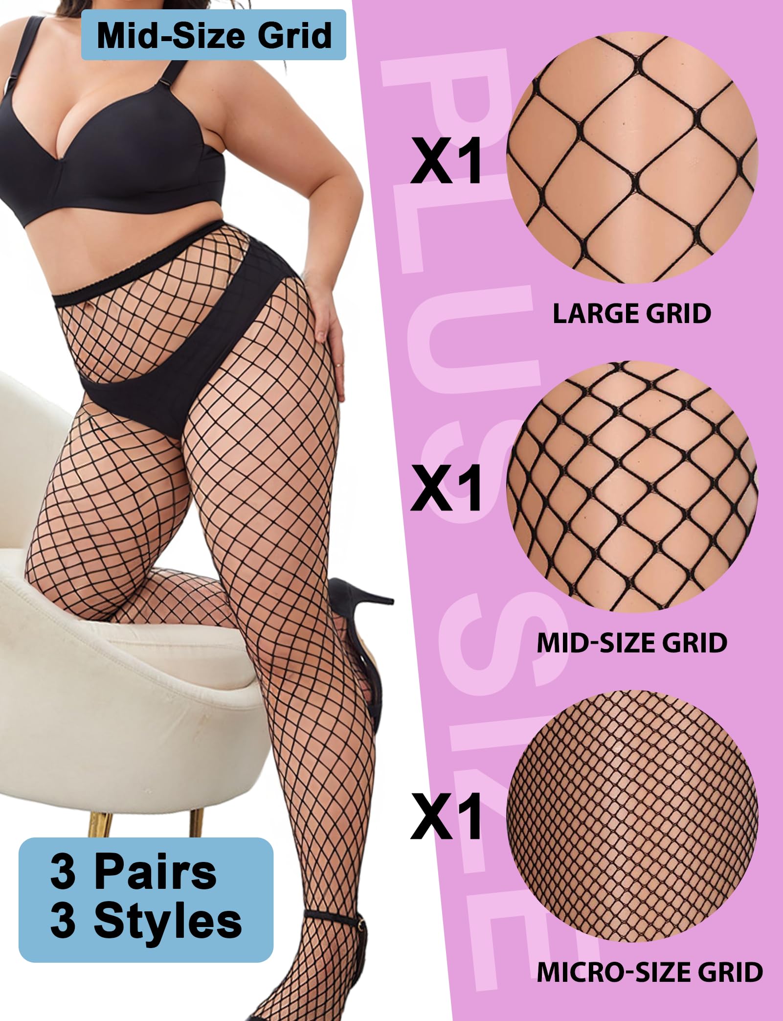 Buauty Plus Size Fishnet Stockings for Women - 3 Pairs Sexy Fishnets Tights, Halloween Fish Net Stockings,Gothic Clothes thumbnail 2