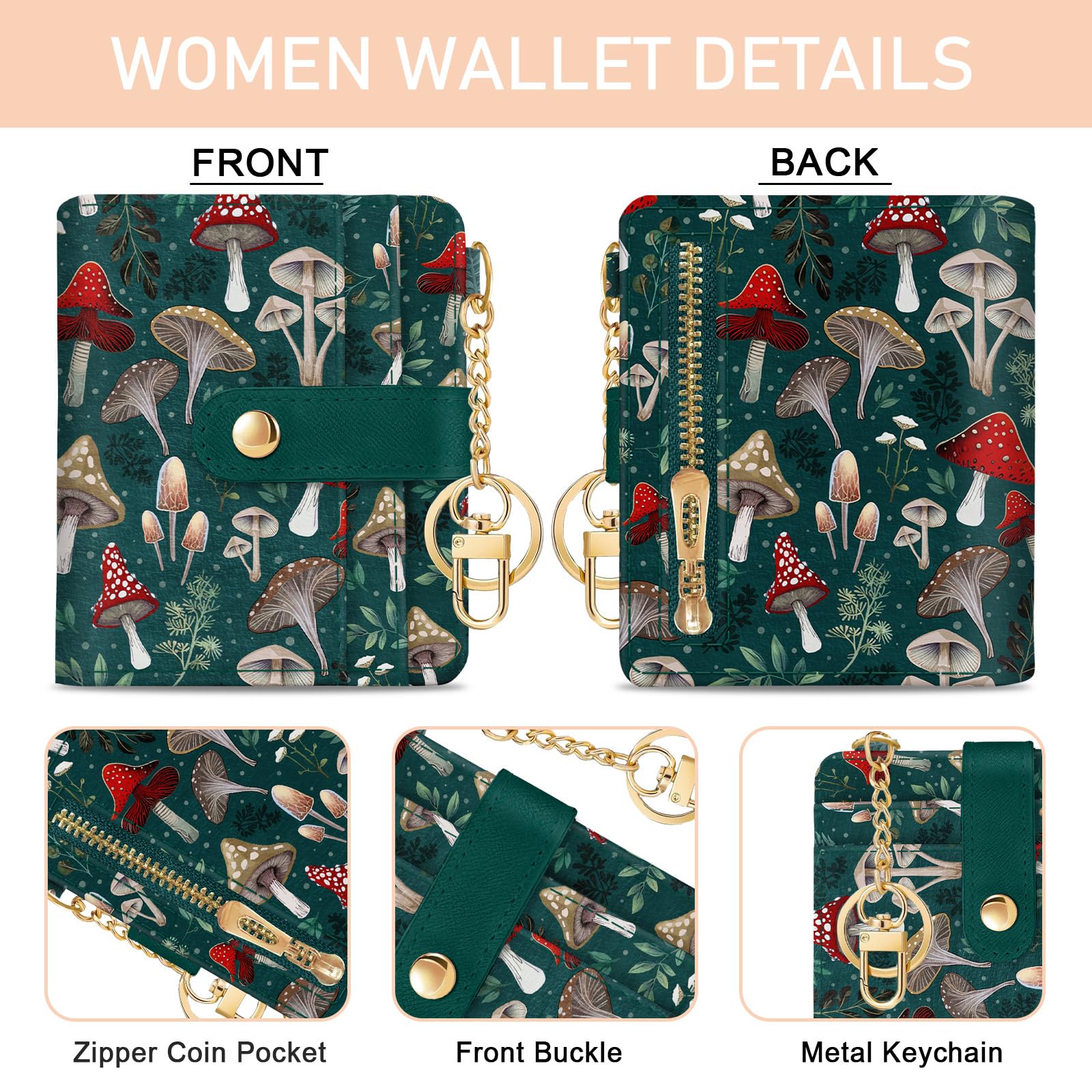 Jogjam  Rfid Ladies Wallet, Small Slim Thin Compact Credit Card Women Wallet, PU Leather Bifold Cash Zipper Coin Pocket ID Window for Female: Mushroom Green