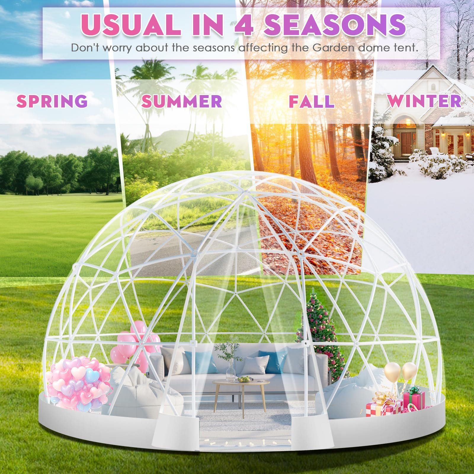 12FT Garden Dome lgloo, Geodesic Dome Greenhouse with PVC Clear Cover, Waterproof Garden Bubble Dome Tent House with 2 x 10M Light Strings for Outdoor, Patio, Backyard, Party (White, 12FT/3.6M): White Edge 12FT/3.6M