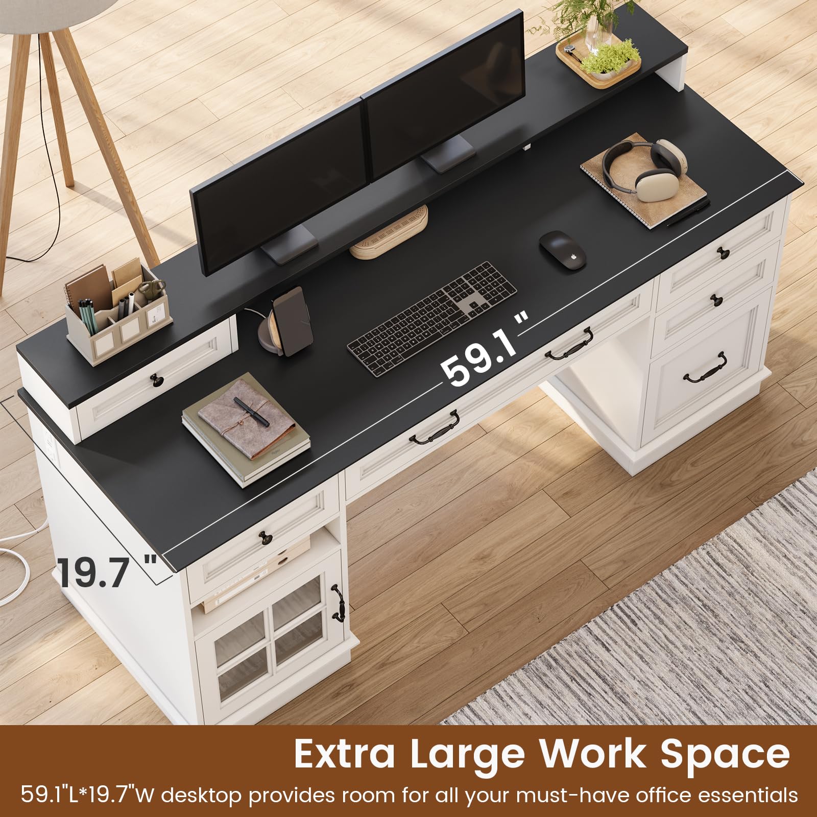 HAUOMS Farmhouse Executive Desk with Drawers Computer Desk with File Drawers, Power Outlet and Led Lights, Executive Office Desk with Storage Cabinet and Monitor Shelf for Home Office,: White