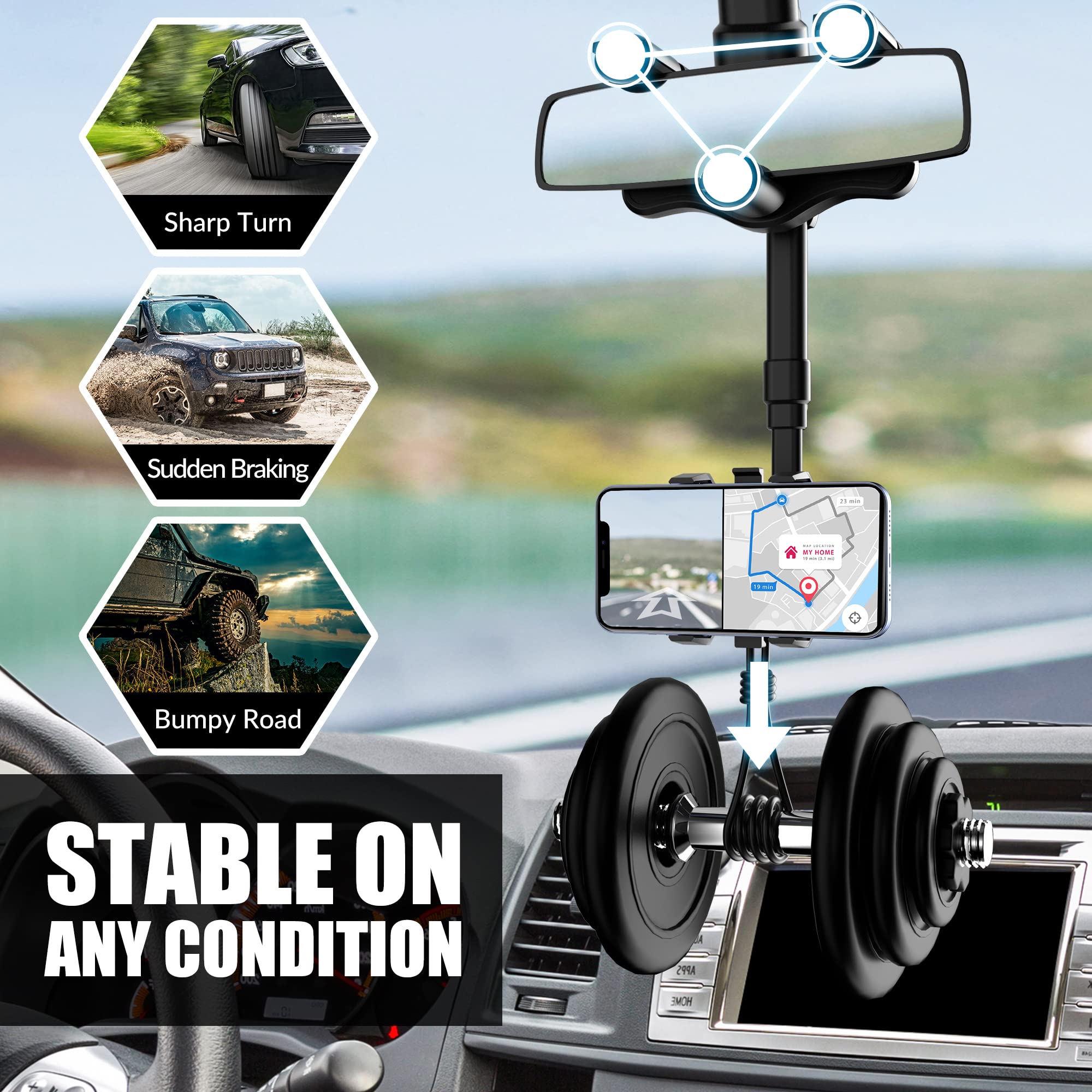 SXhyf Rear View Mirror Phone Holder, 2023 Rotatable and Retractable, Universal Mount, Cell Car Fit for iPhone 11 12 13 14 Pro Max Samsung All Phone thumbnail 5