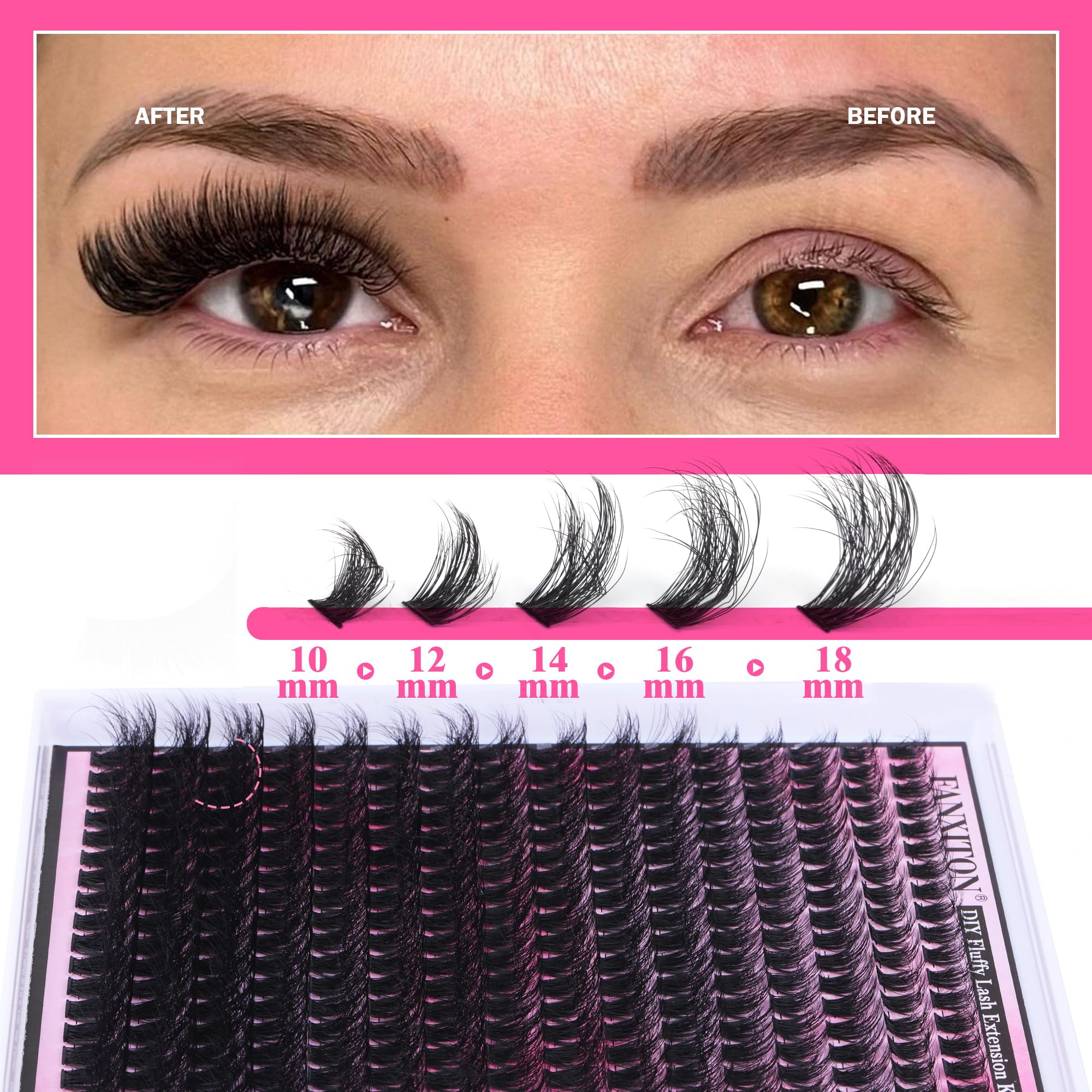 FANXITON DIY Lash Extension Kit Volume Lash Clusters 40D+50D D Curvature Individual Lashes Lash Clusters Kit Thick Eyelash Extension Kit 280 pcs Thin Band Cluster Lashes Lash Bond and Seal Tweezers: (HZ 01)DIY Lash Extension Kit-288pcs