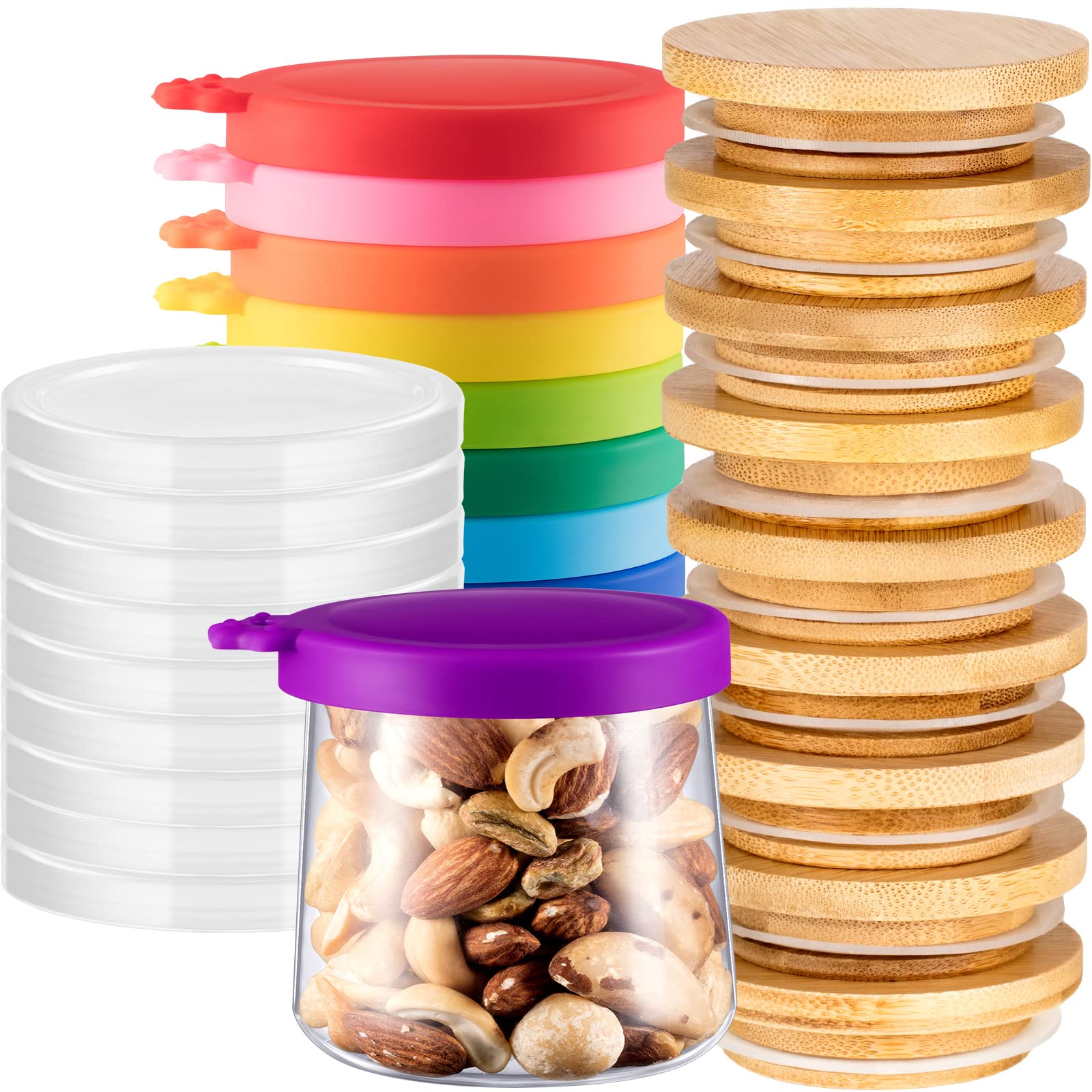 Mumufy 27 Pcs Yogurt Jar Lids Clear Plastic Silicone Bamboo Wood Container Lids with Silicone Sealing Rings Reusable Replacement Covers Compatible with Oui Yogurt Jars thumbnail 1
