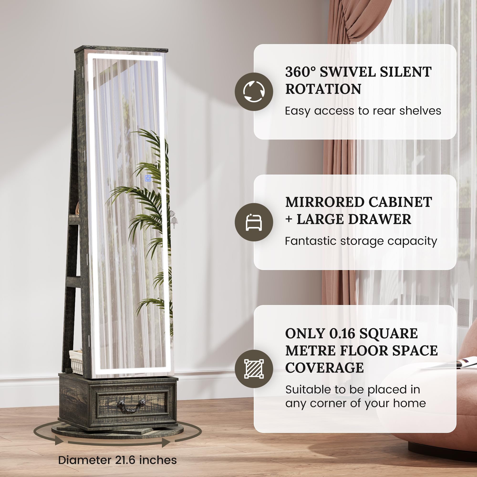 LVSOMT LED Mirror Jewelry Cabinet Standing, 360°Swivel Jewelry Armoire with Full Length Mirror, Mirror with Jewelry Storage and Large Wooden Drawer for Christmas Gifts (): Rustic Grey