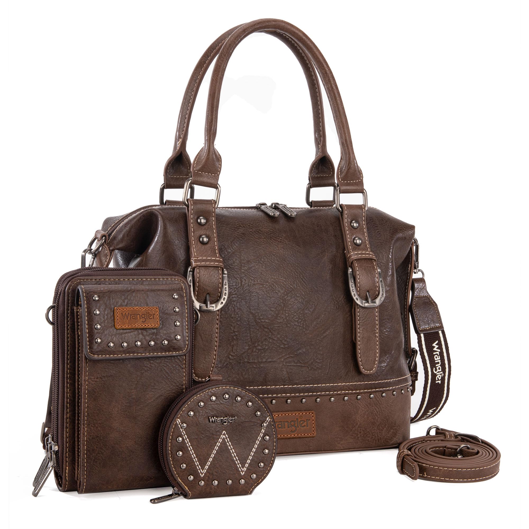 Wrangler 3Pcs Doctor Bag Sets for Women Top-handle Satchel Bag with Cell Phone Handbag and Coin Purse: Eye-catching Coffee