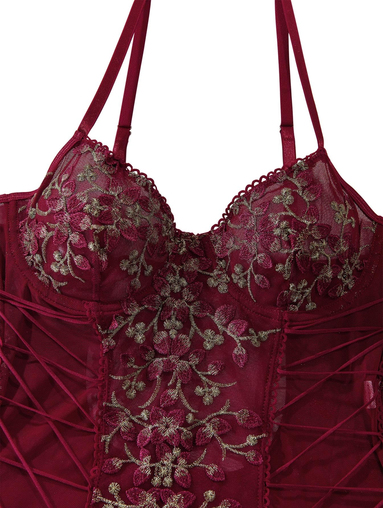 Lilosy Women Sexy Lace Up Floral Embroidered Teddy Lingerie Bodysuit Top Mesh Sheer One Piece: Small Burgundy