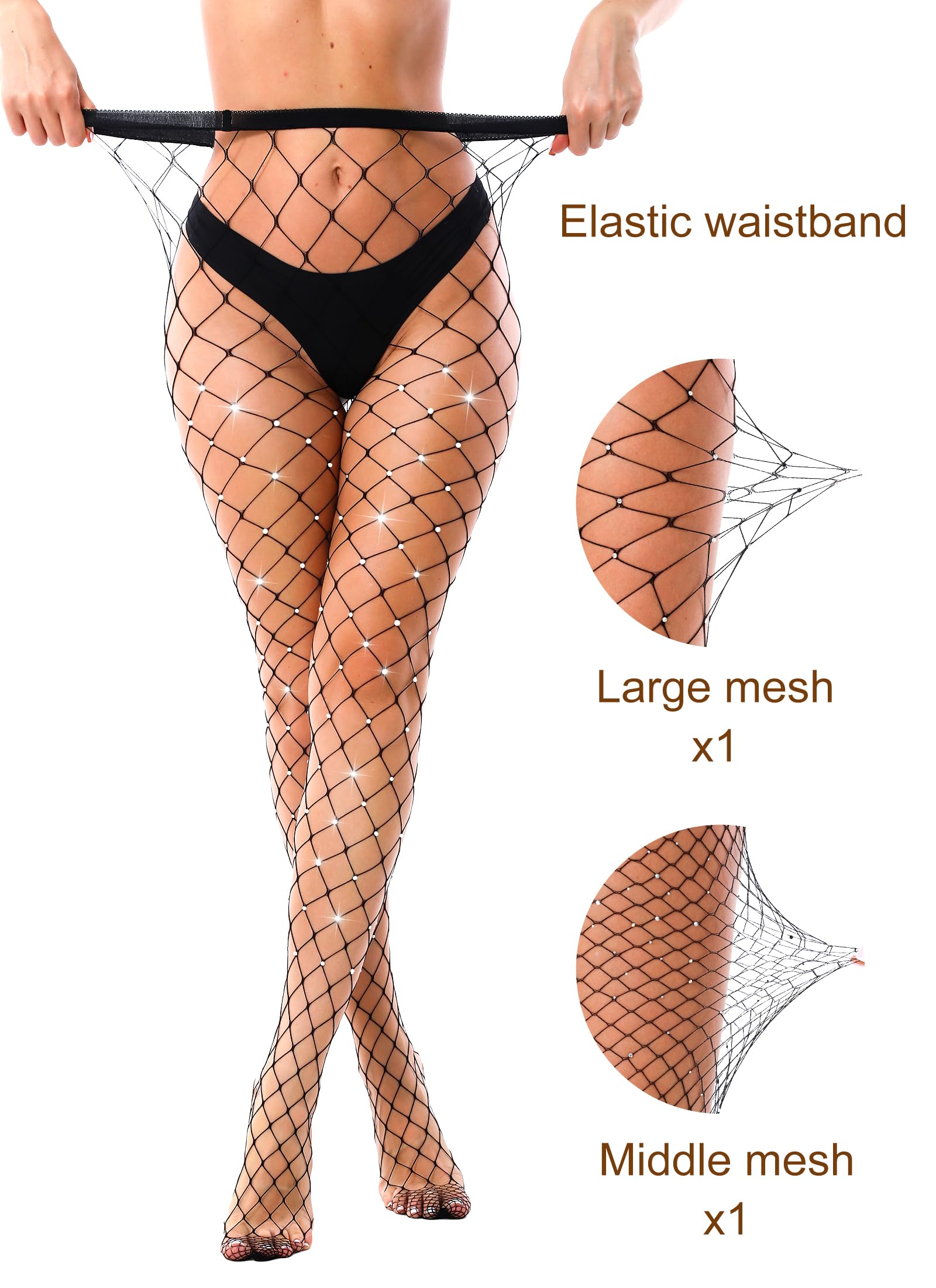 VEBZIN 2 Pack Sparkly Large And Medium Mesh Fishnet Tights For Women Glitter Rhinestone Fishnets Stockings: One Size Black