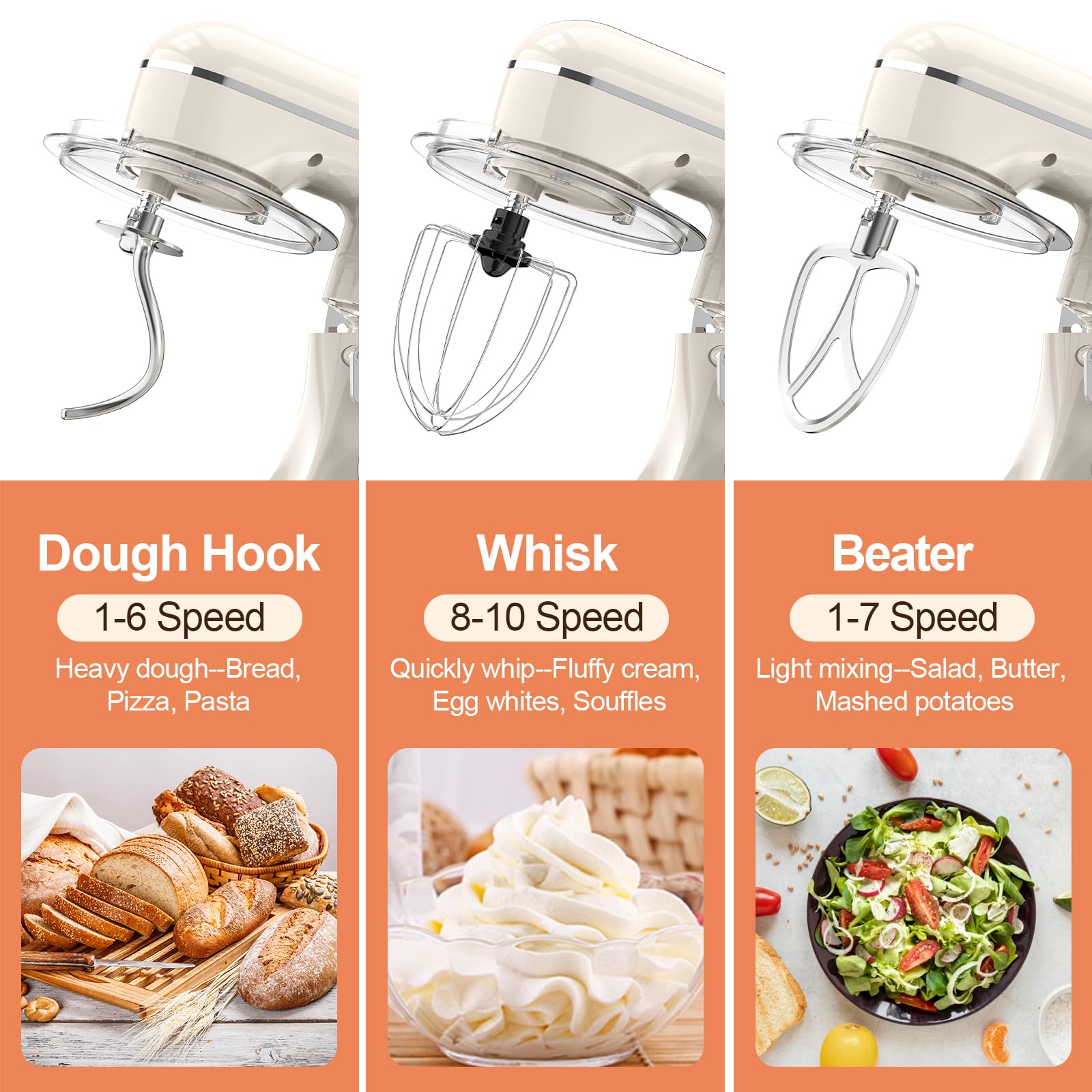 CEBORY 3-IN-1 Electric Stand Mixer, 6.5QT Bowl 660W 10-Speed Kitchen Mixer, Household Food Mixers include Dough Hook, Beater and Whisk, Bread Cake Mixer for Baking and Most Home Cooks,: Almond Cream