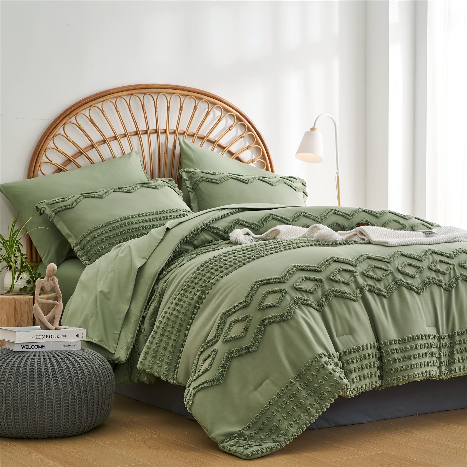 Sage Green Tufted Comforter Set Queen Size 7 Piece Bed in a Bag, Shabby Chic Boho Comforter and Sheet Set, Pom Pom Textured Bed Set, All Season Soft Microfiber Complete Bedding Set(Green,Queen): Sage Green Queen(7-Piece Set)