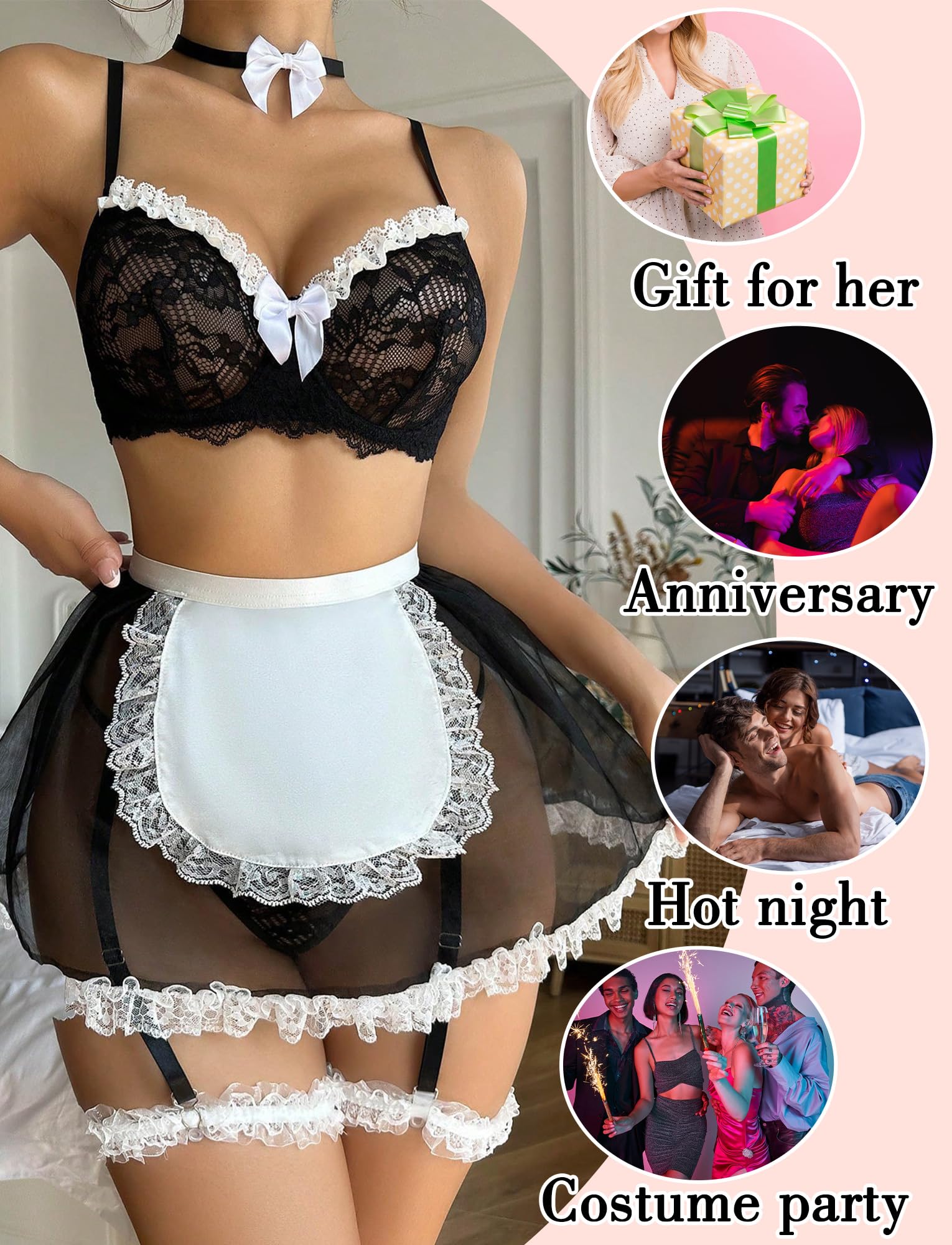 Aivtalk Women's 3 Piece Maid Lace Colorblock Underwire Costume Lingerie Set: Aivtalk Women's 3 Piece Maid Lace Colorblock Underwire Costume Lingerie Set
