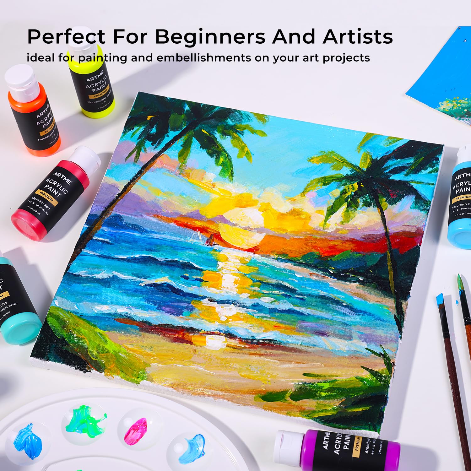 ARTME Acrylic Paint Set, 60 Colors in 2oz/60ml Bottles, Non Toxic, Waterproof, Rich Pigments Acrylic Paint for Artists, Students, Beginners Painting on Rocks Canvas Wood Clay Fabric Ceramic Crafts thumbnail 6