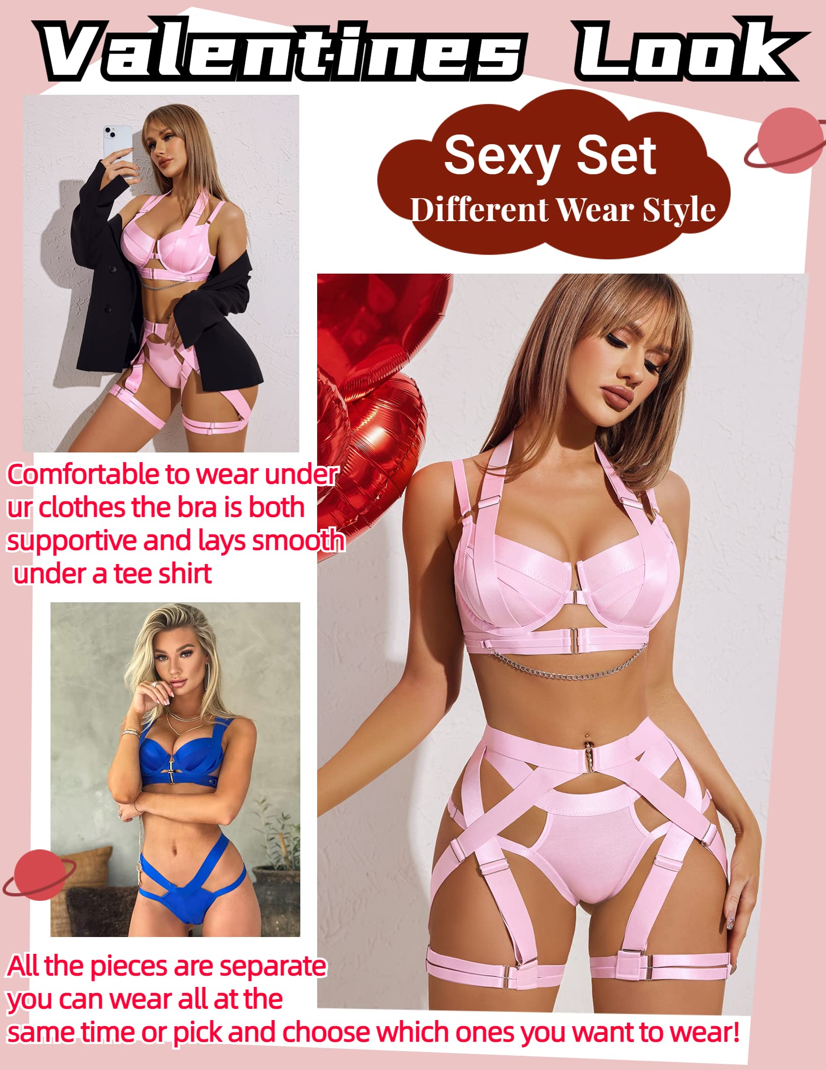 Avidlove Lingerie Set for Women Sexy Strappy Lingerie Underwire Push Up Bra Garter Set Lingerie with Chain: X-Large Pink