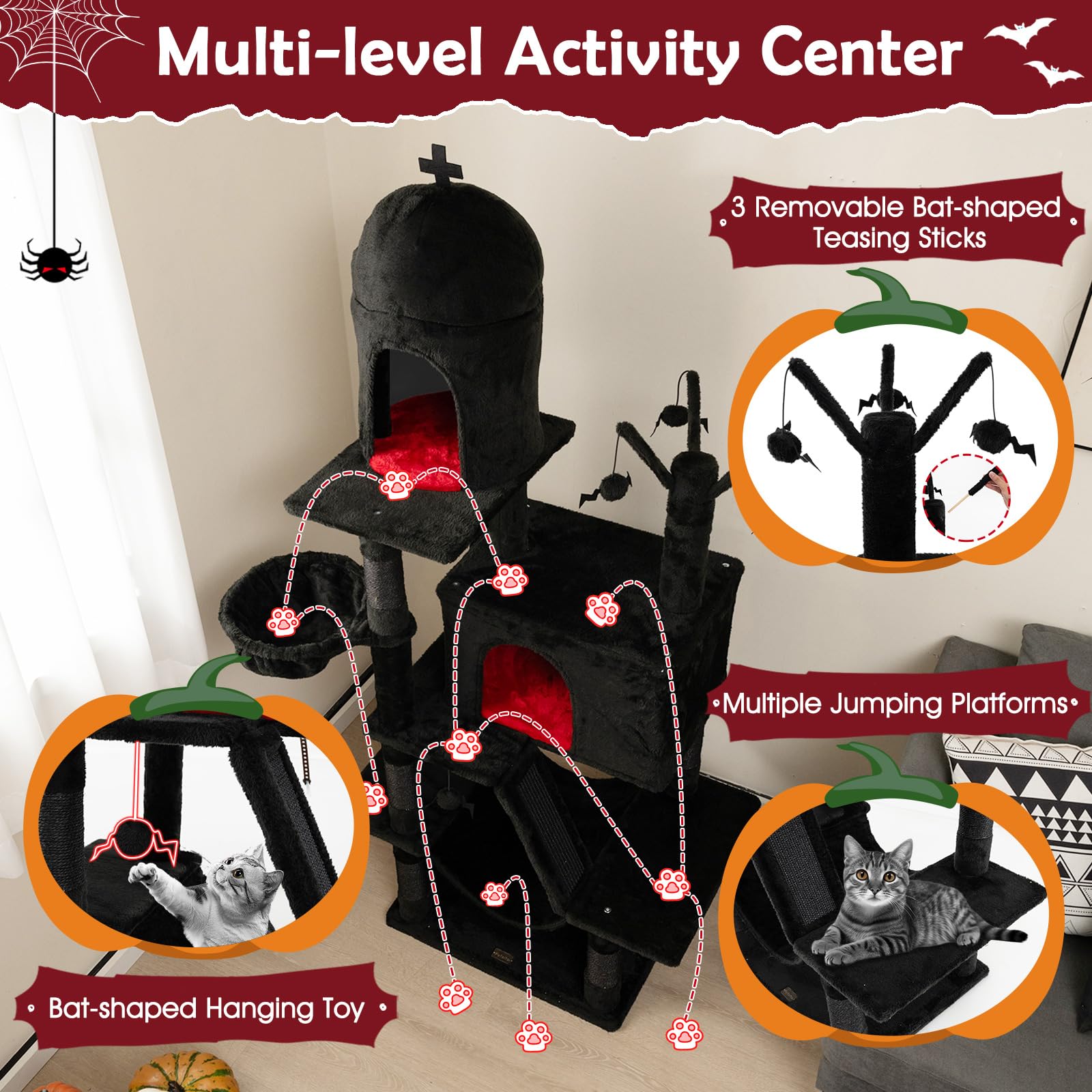 PETSITE 67 inch Tall Gothic Cat Tree, Multi-Level Halloween Cat Tree with Scratching Posts and Ladder, Cat Condos, Spooky Dangling Balls, Hammock, and Basket Bed, Goth Cat Tree for Indoor Cats, Black