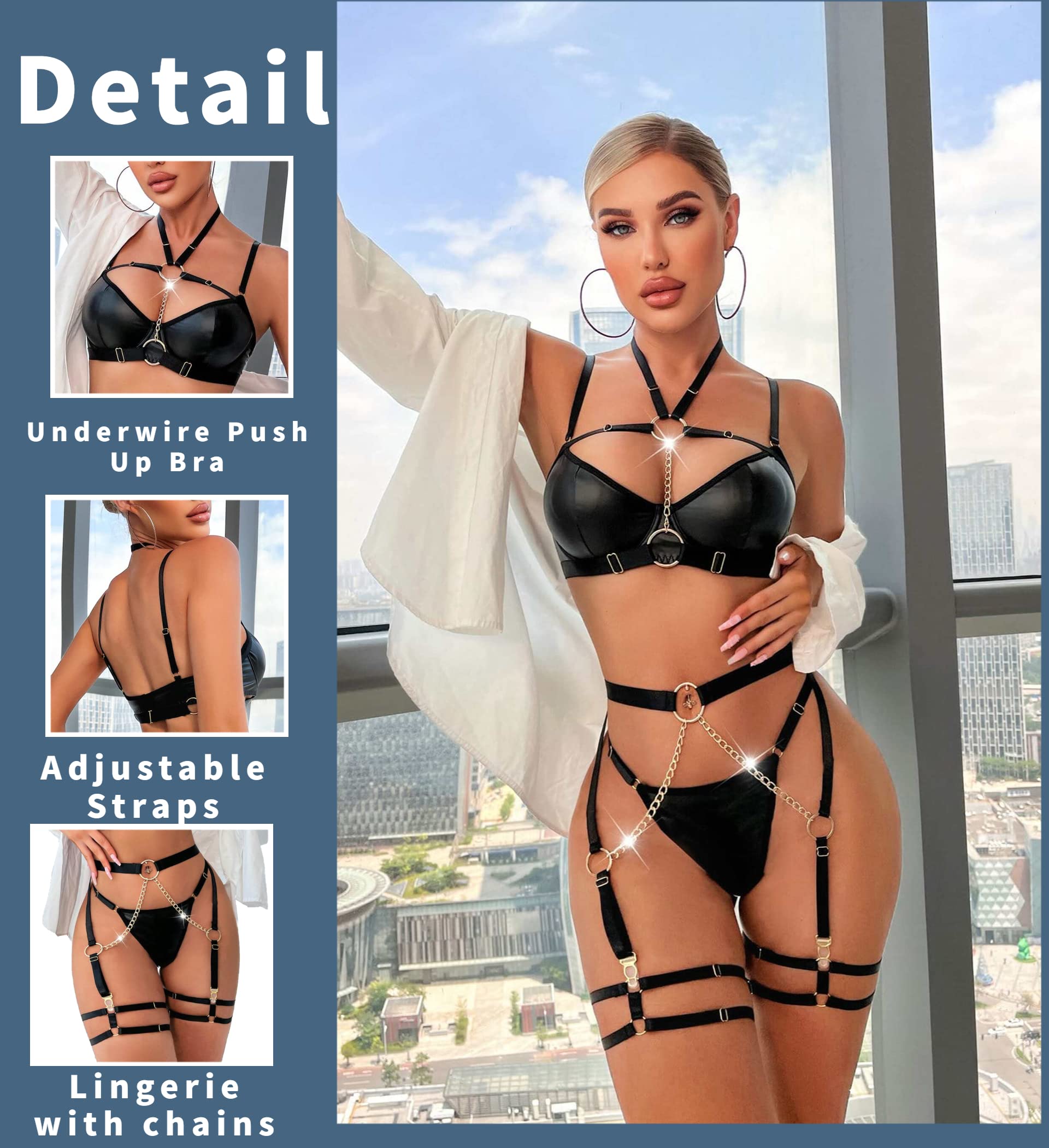 Avidlove Lingerie Set for Women Sexy Strappy 5 Piece Lingerie Garter with Underwire Push Up Bra and Chain: Large Black