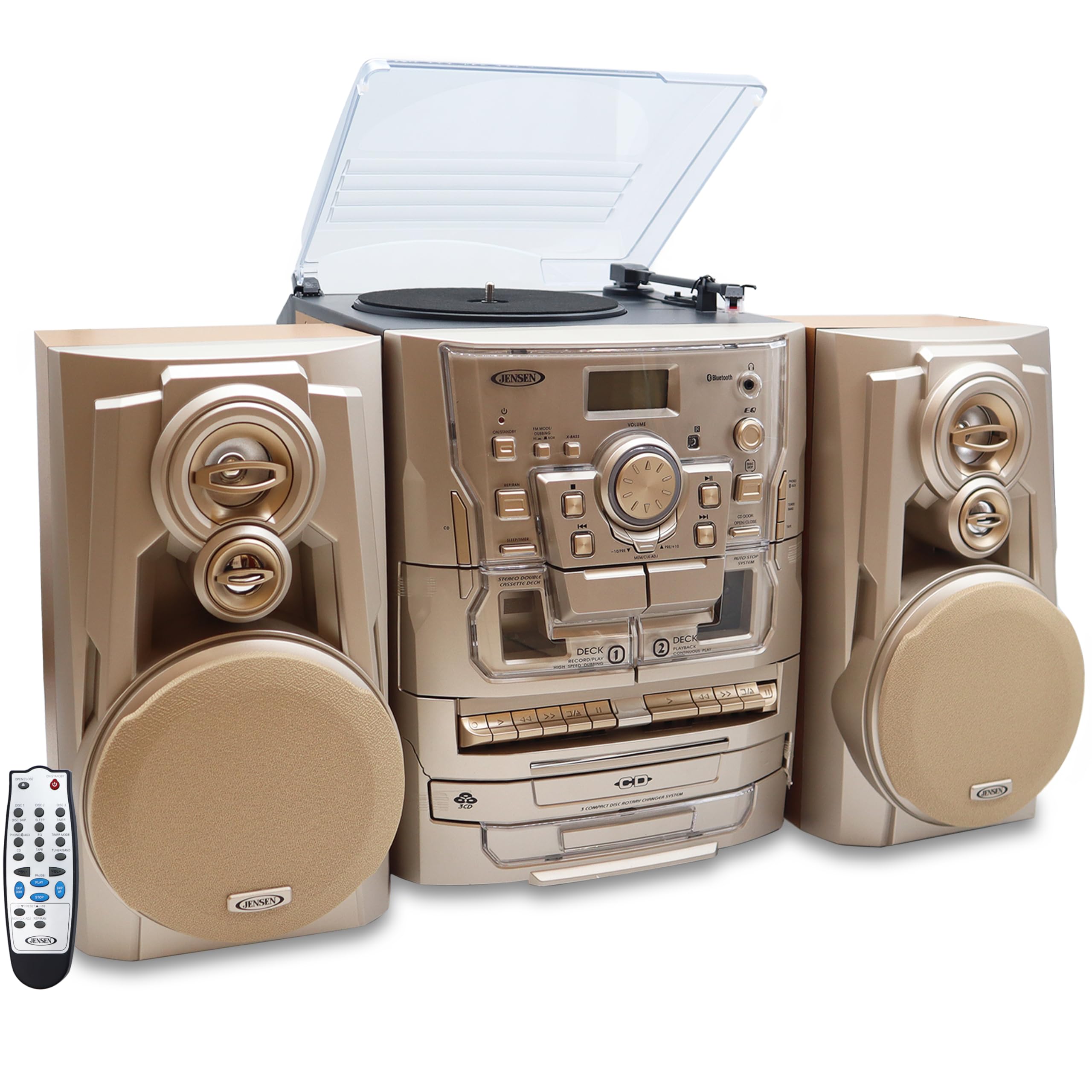 Jensen® Bluetooth® 3-Speed Turntable CD Player Home Stereo System and Digital AM/FM Radio Tuner 3 CD Changer Music System, Dual Cassette Deck, Stereo Record Player with Remote Control,: Gold