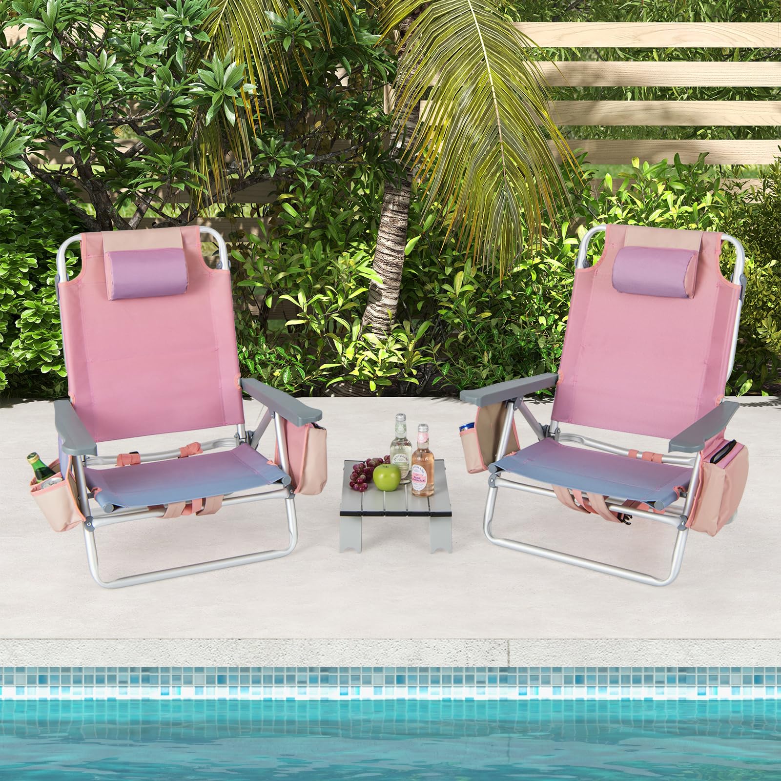 Goplus Beach Chair, Folding Backpack Beach Chairs for Adults with 5 Positions, Head Pillow, Cooler Bag, Towel Bar, Cup Holders, Sunbath Sling Tanning Lounge, Foldable Layout Camping Chairs