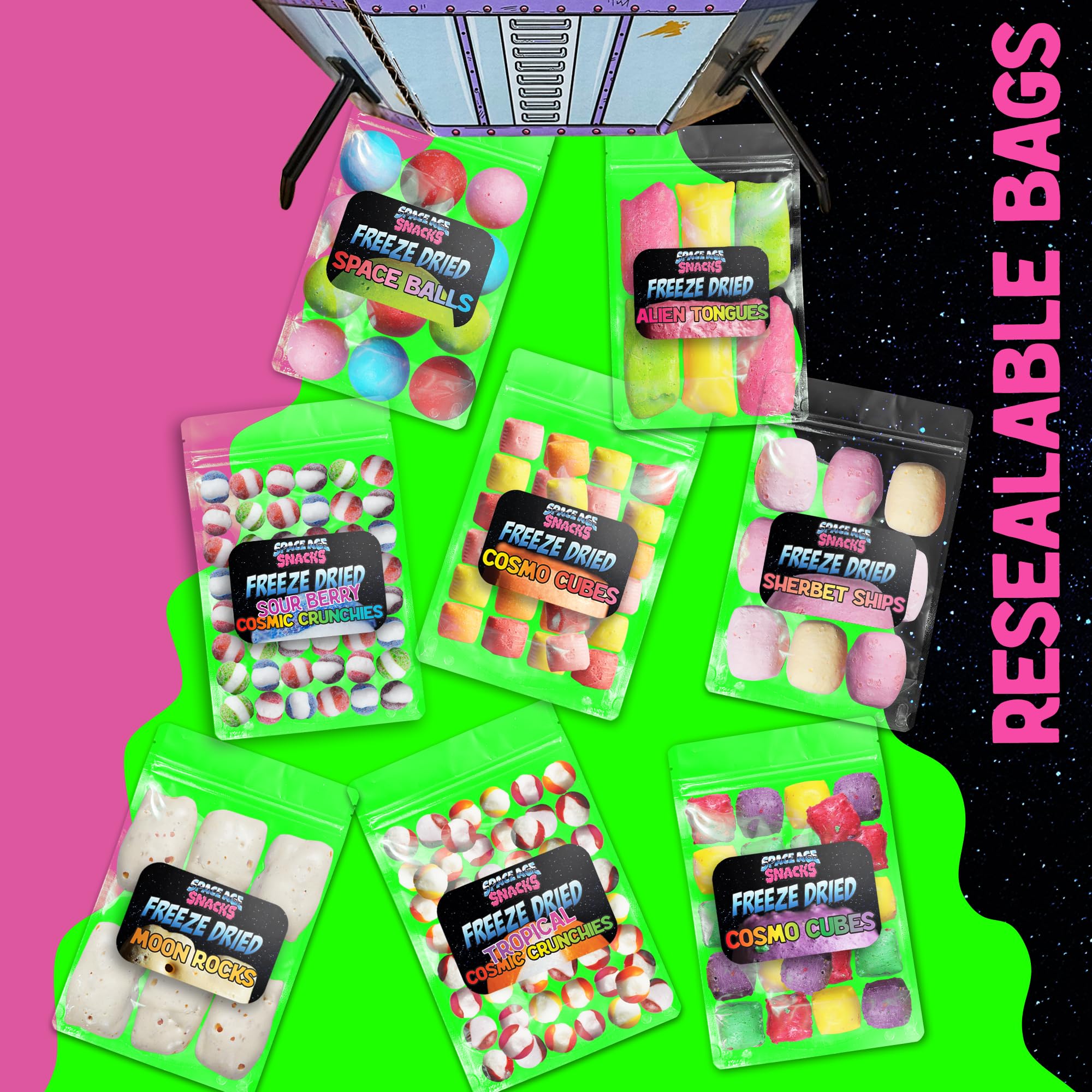 UFO Pack - 9 Kinds of Premium Freeze Dried Candy - Cosmic Crunchies, Moon Clouds, Space Sharks, Alien Tongues, Lemon Stars and More Shipped in a Spaceship Box for Protection: 8 Pack