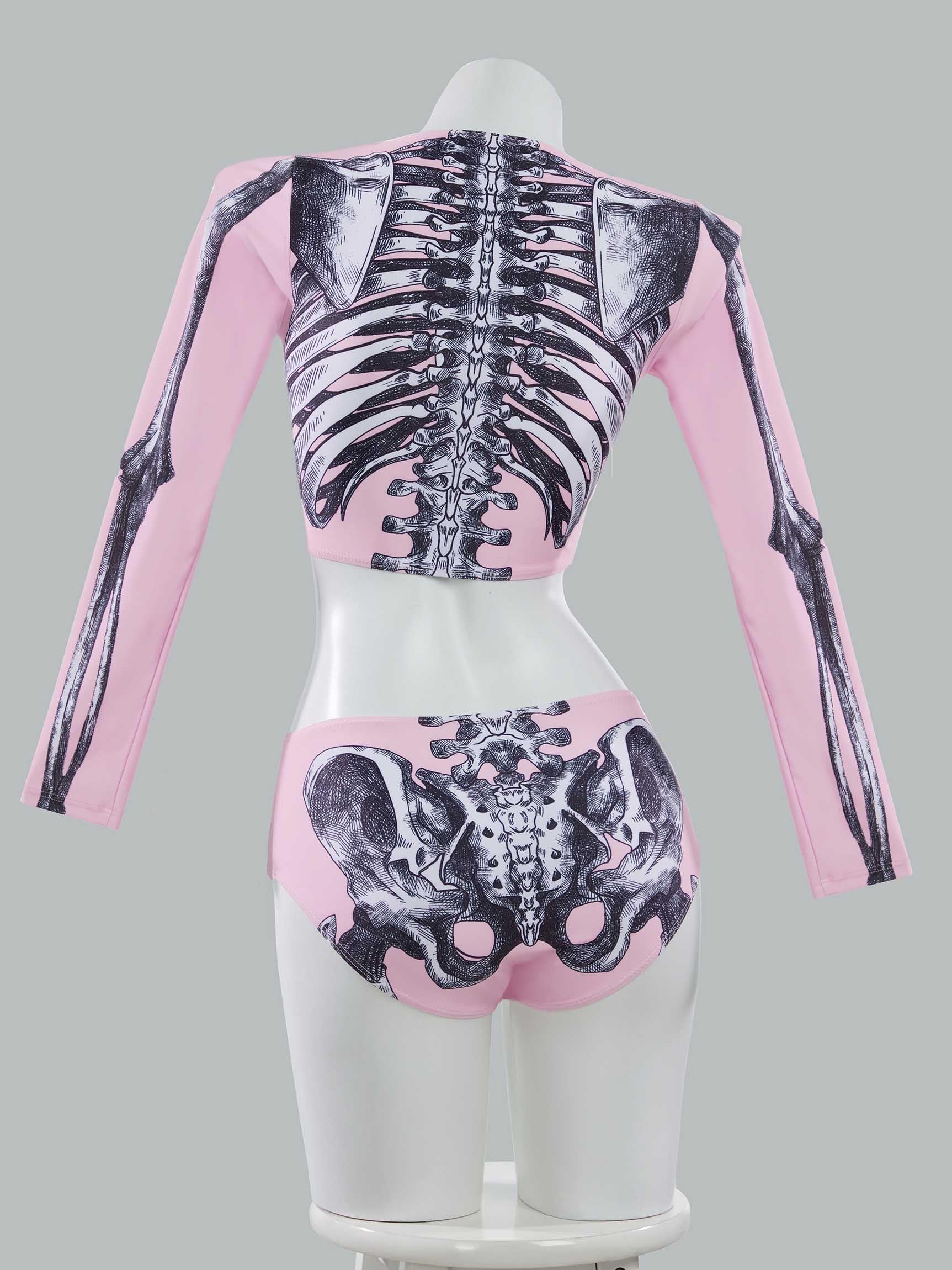 haikyuu Women Pink Skeleton Rash Guard Shirt with Bottom Goth Two Piece Swimsuit Skull Bikini Set