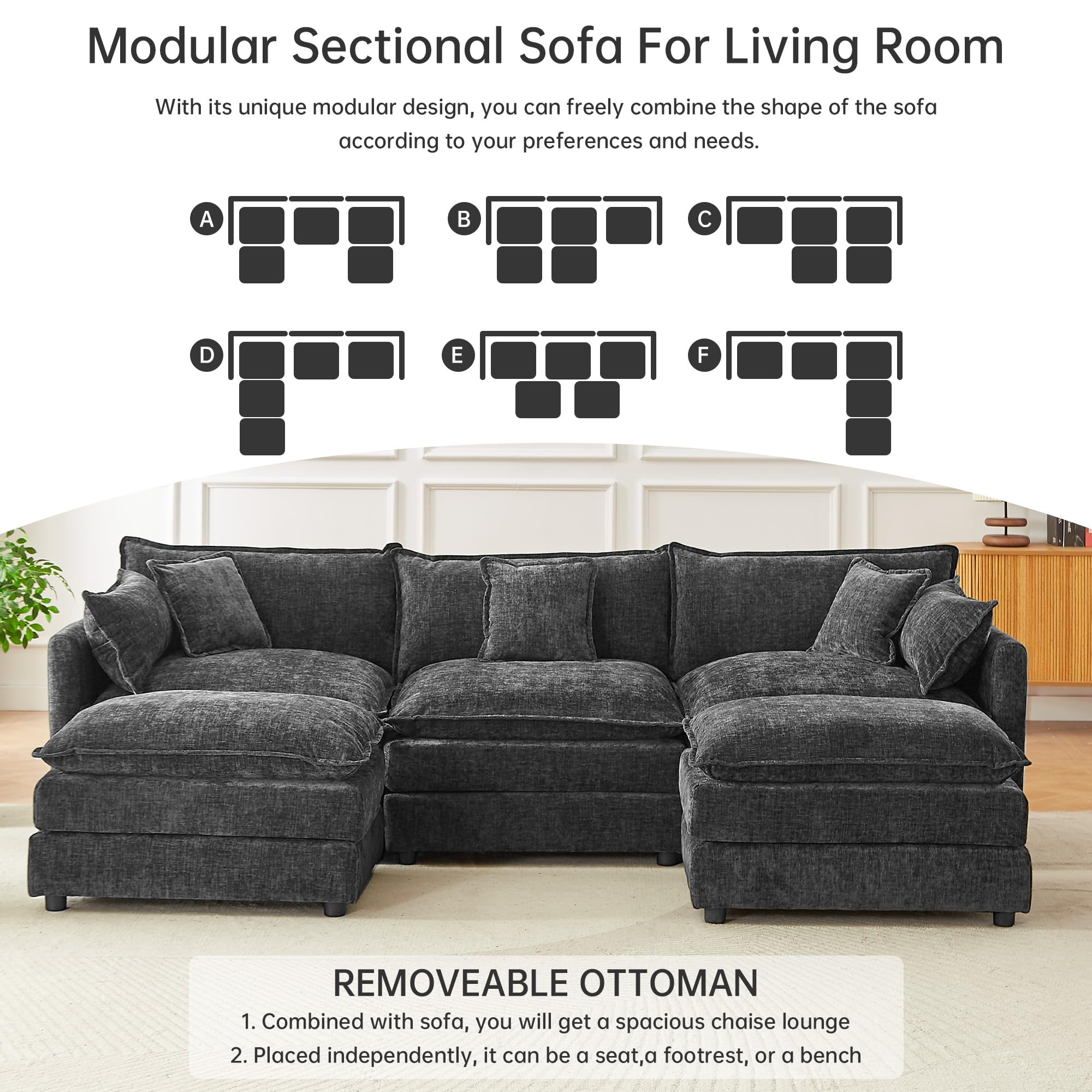 saows Modular Sectional Sofa, 112.2 Inch U Shaped Couch Set with Armrests, 3-Seater Comfy Cloud Couches with Movable Ottoman for Living Room Apartment, Grey: 112&apos;&apos; - U Shape Grey