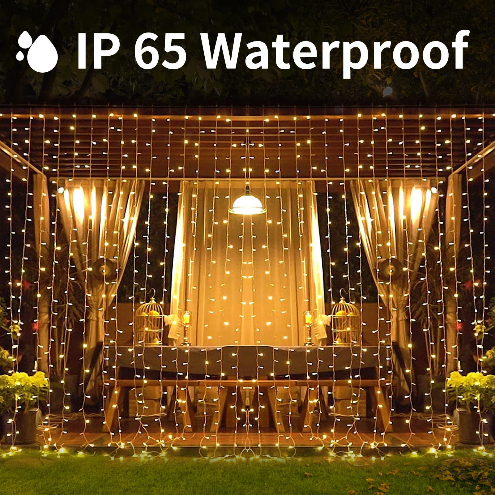 XINXIANLIAN 300LED Solar Curtain Lights Outdoor Indoor 8 Modes Solar Fairy Curtain String Lights Waterproof Twinkle Lights for Home Garden Patio Gazebo(): Warm White