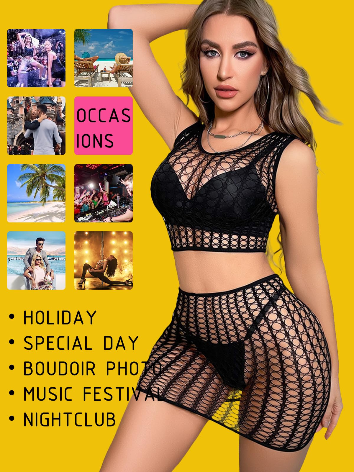 FasiCat Women's Mesh Lingerie Fishnet Babydoll Mini Dress Bodysuit See Through Shirts Long Sleeves Lingerie Bodysuit Cover Up: Black1887