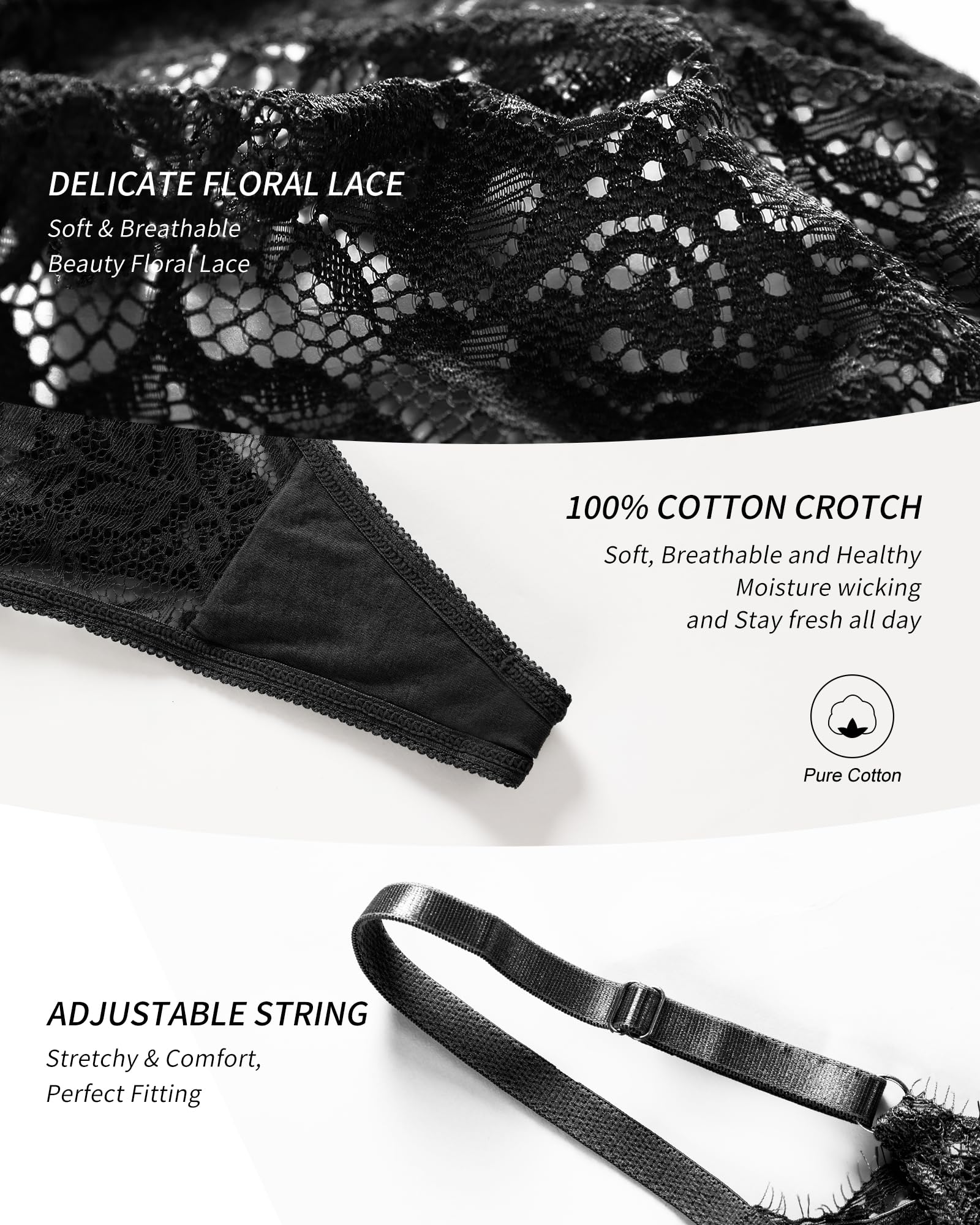 SHARICCA Lace G-String Thongs for Women Adjustable Sexy Low Rise Underwear Breathable T-back Thongs Panties 3 Pack: X-Large 3p03 (Black White Red)