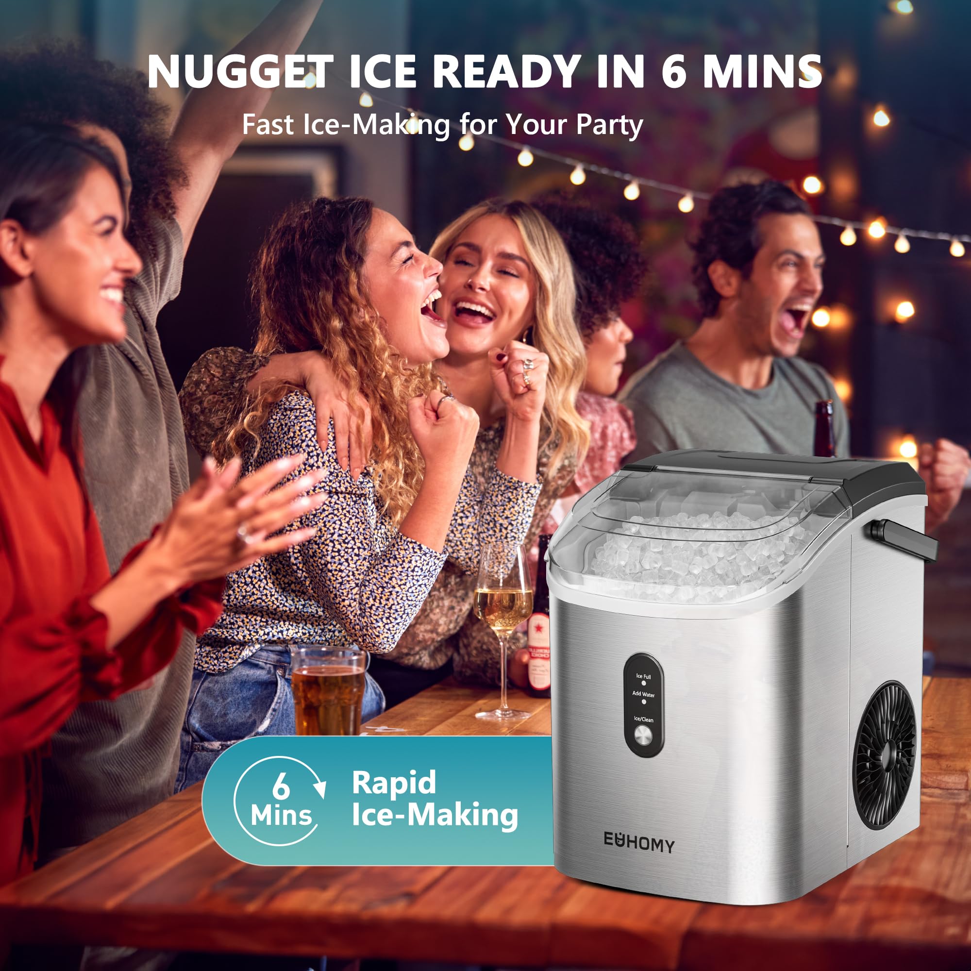 EUHOMY Nugget Ice Maker Countertop with Handle, Ready in 6 Mins, 34lbs Per Day, Removable Top Cover, Auto-Cleaning, Portable Sonic Ice Maker with Basket and Scoop, for Home/Party/RV/Camping (): Steel Light Silver