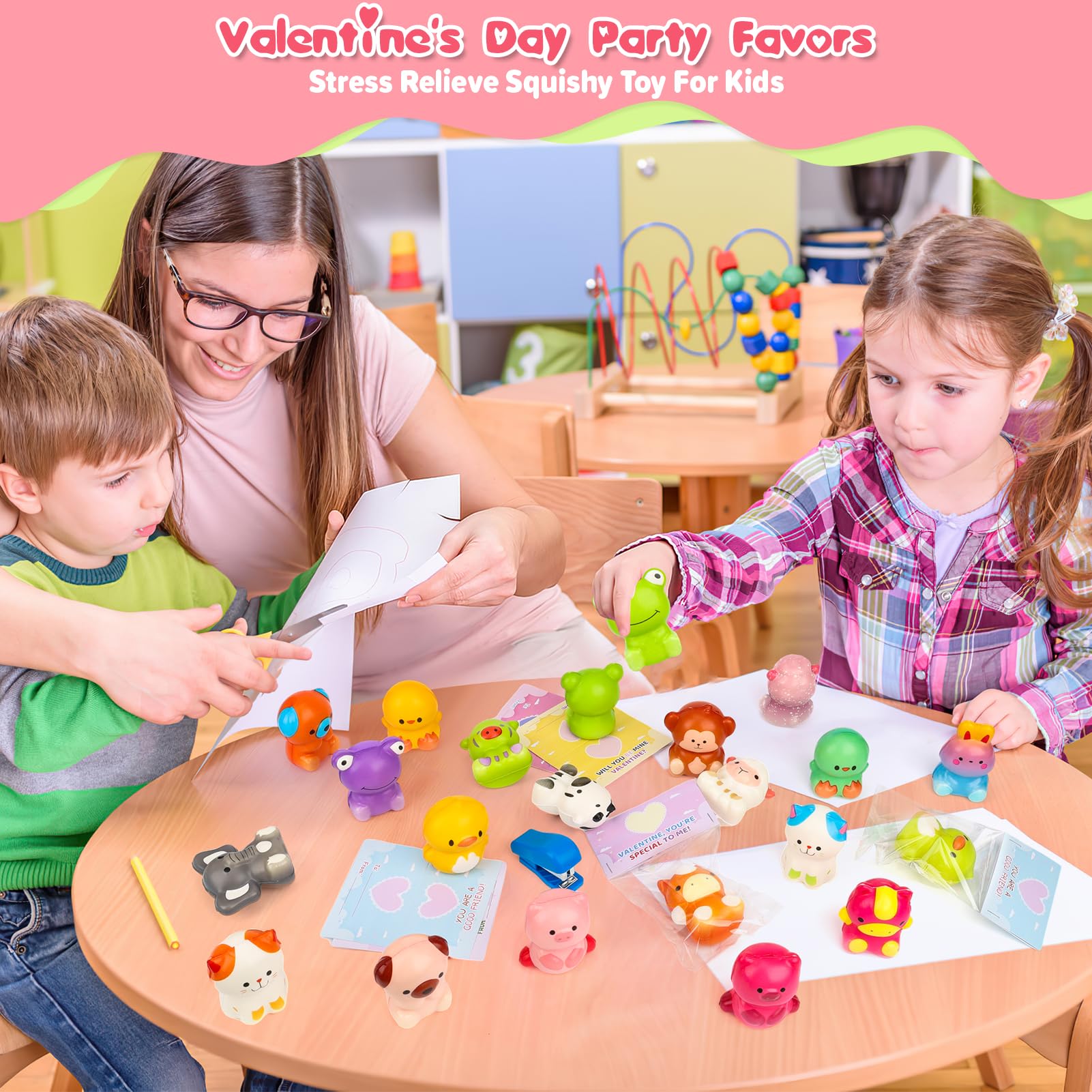 Gralima Valentines Day Gifts for Kids: 24PCS Animal Themed Squishy Toys & Cards, Ages 3-6, Pink, Green, Yellow, White, Orange, Purple, Blue thumbnail 2