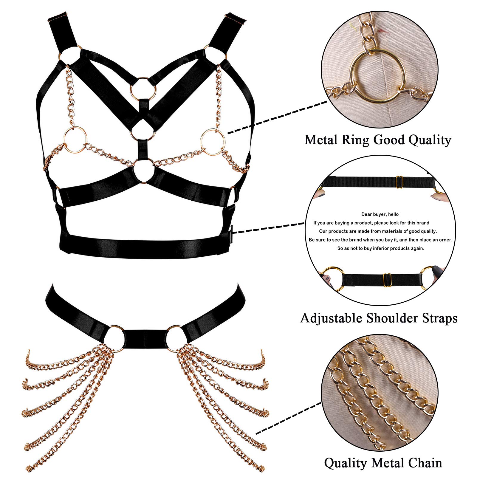 Women's Body Harness Bra Punk Garter Belt Elastic Adjustable Metal Chain Bra Dance Carnival Gothic Costume Accessories: Black