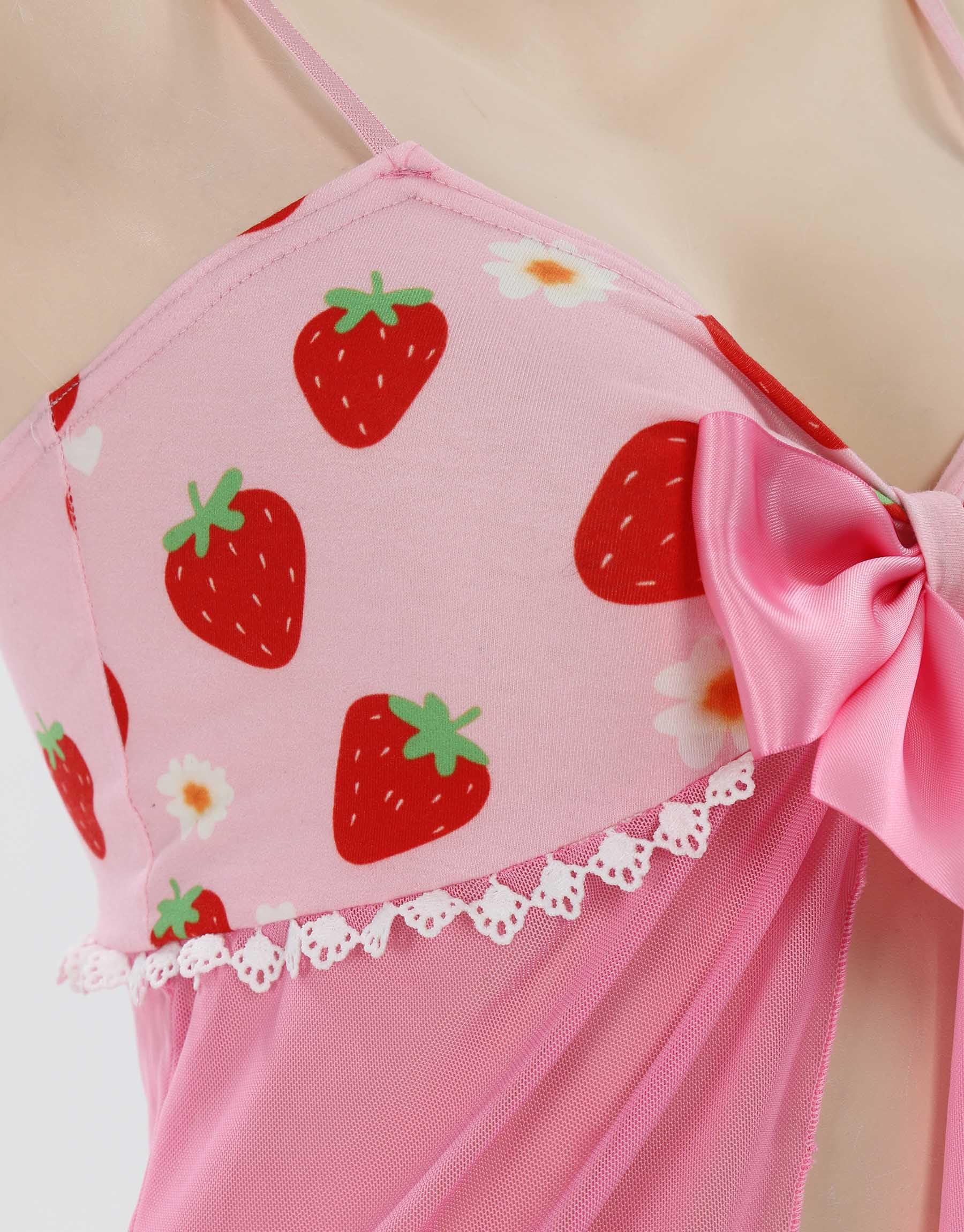 Mobbunny Pink Lace Babydoll Lingerie for Women Strap Chemise Nighties V Neck Sleepwear Strawberry Print Loungewear: Small Pink