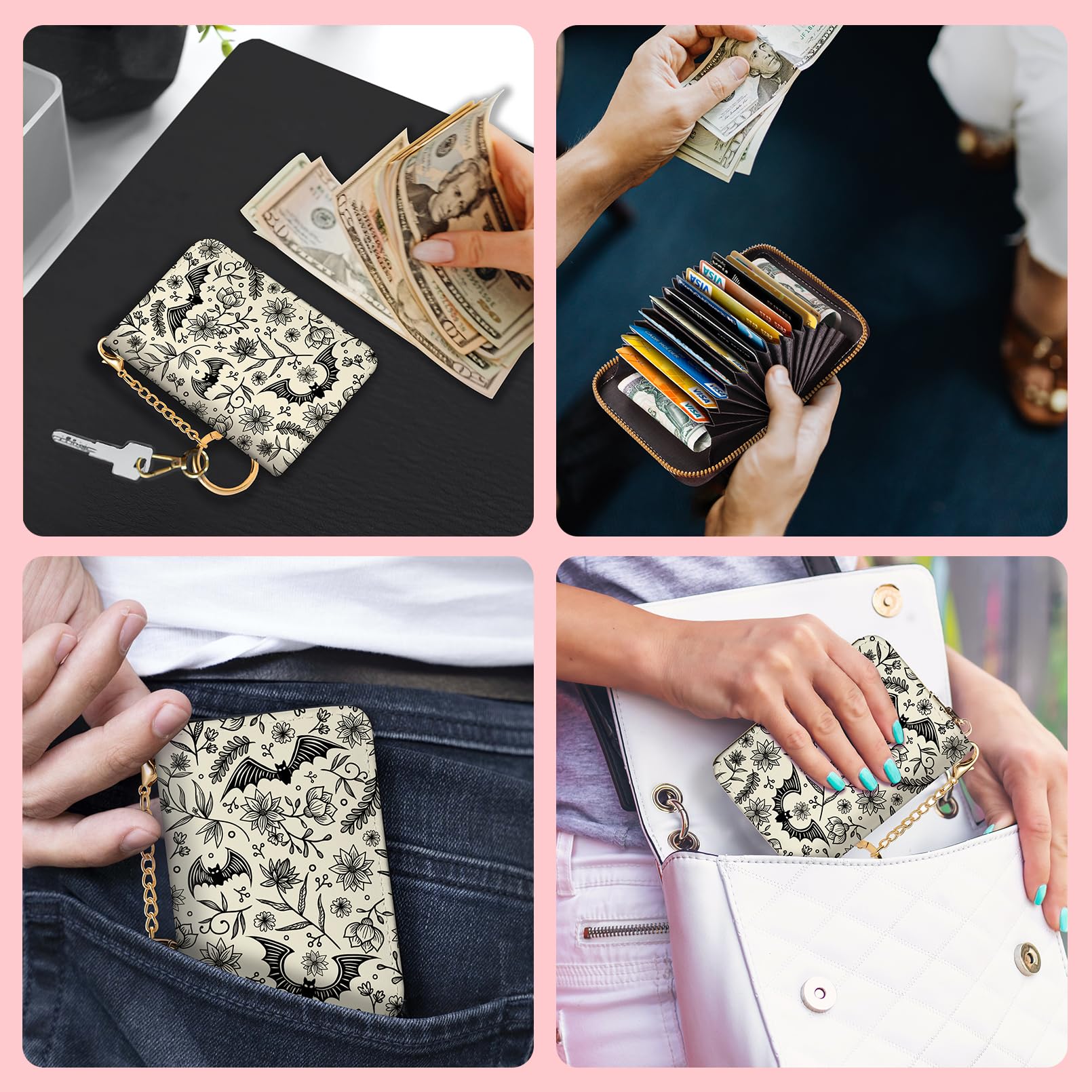 Blusabaca  Credit Card Holder for Women, Gothic Floral Small RFID Wallet with Zipper, Card Keychain Wallet, Leather Wallet Card Case, Business Accordion Wallet Gift: Goth Bat